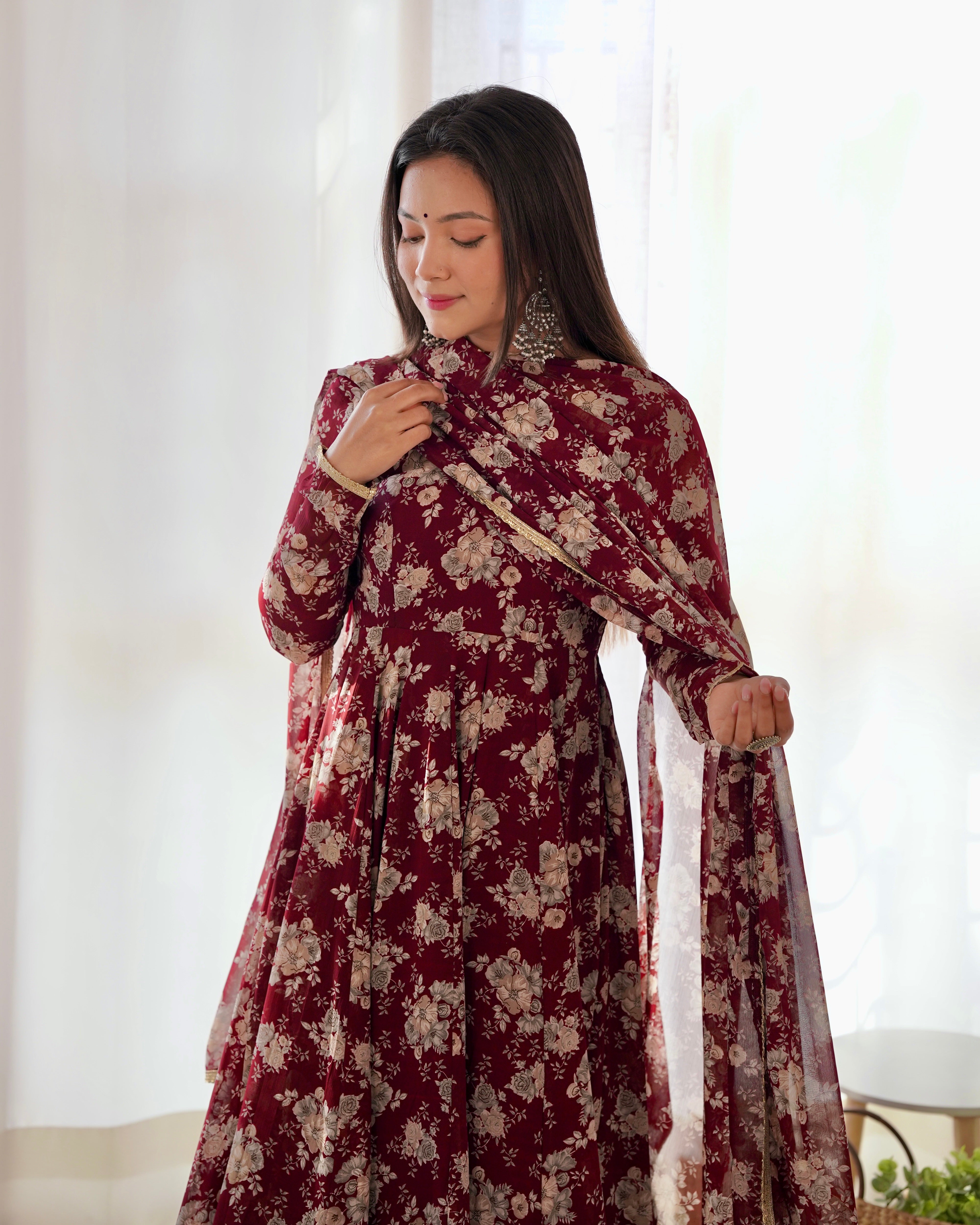 Laheriya Print Pure Maroon Georgette Multi-Floral Fully Flair Anarkali with Dupatta & Pant Set