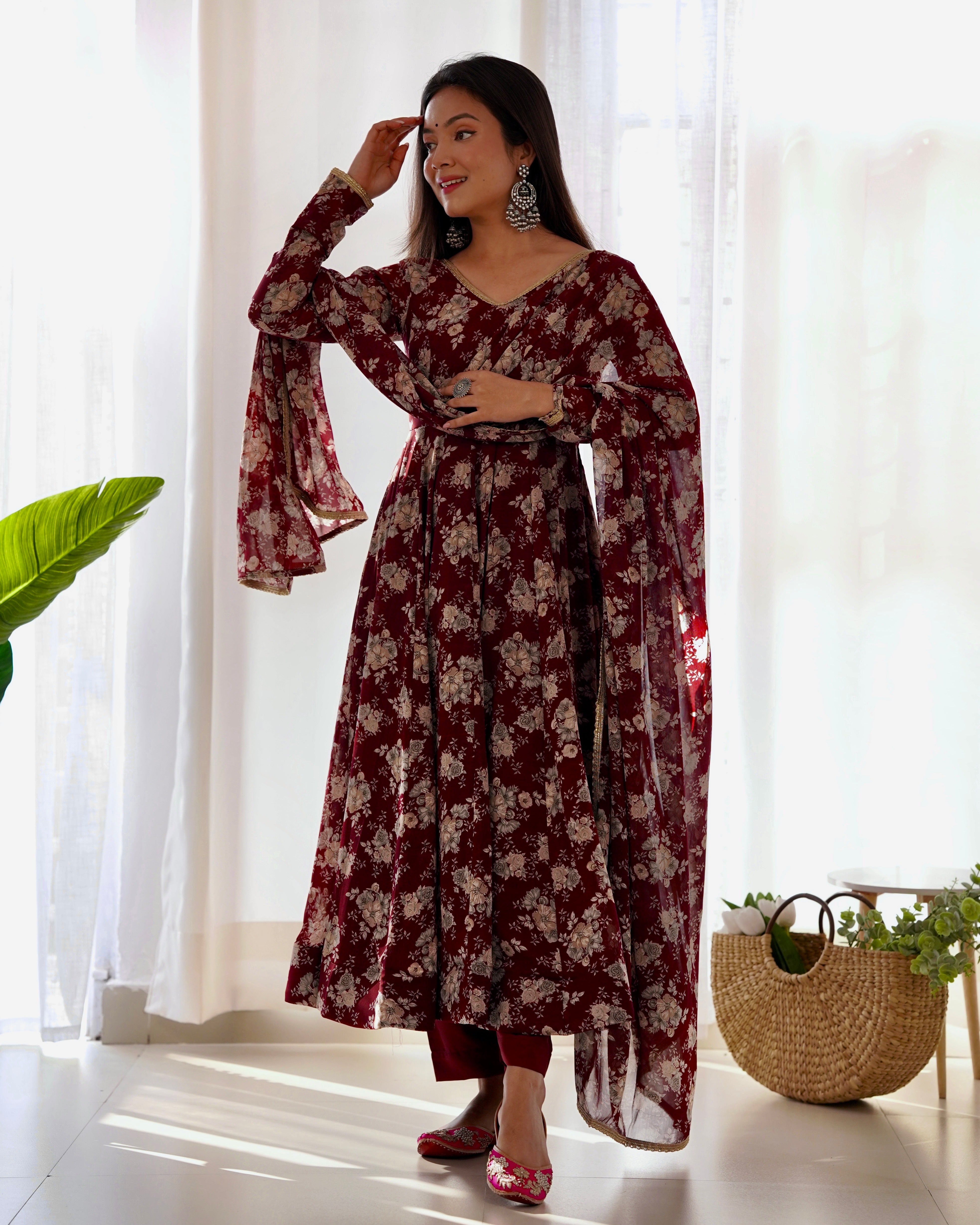 Georgette Stitched Maroon Anarkali Gown With Duppta Set