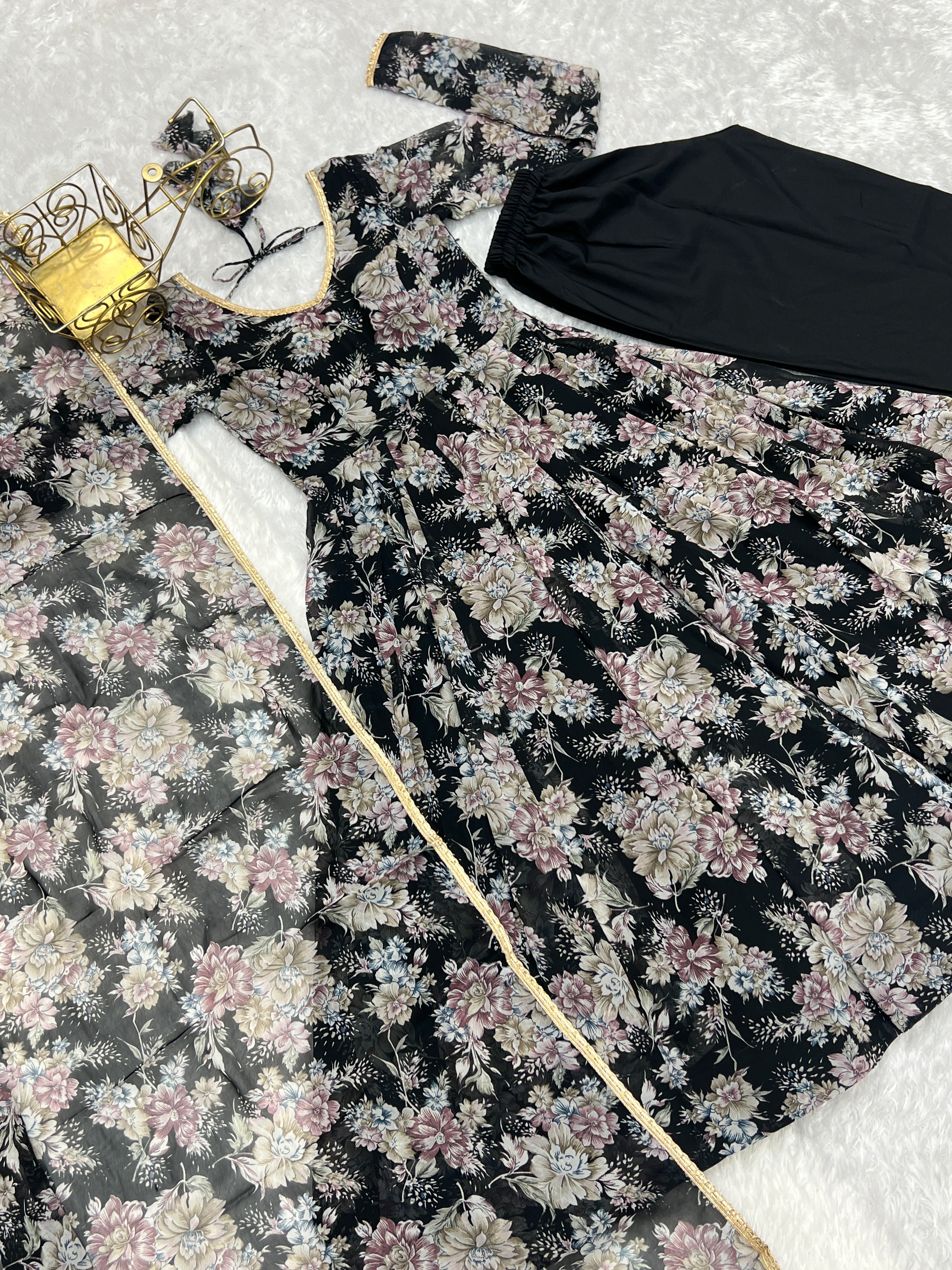 Georgette Stitched Black Anarkali Gown With Duppta Set