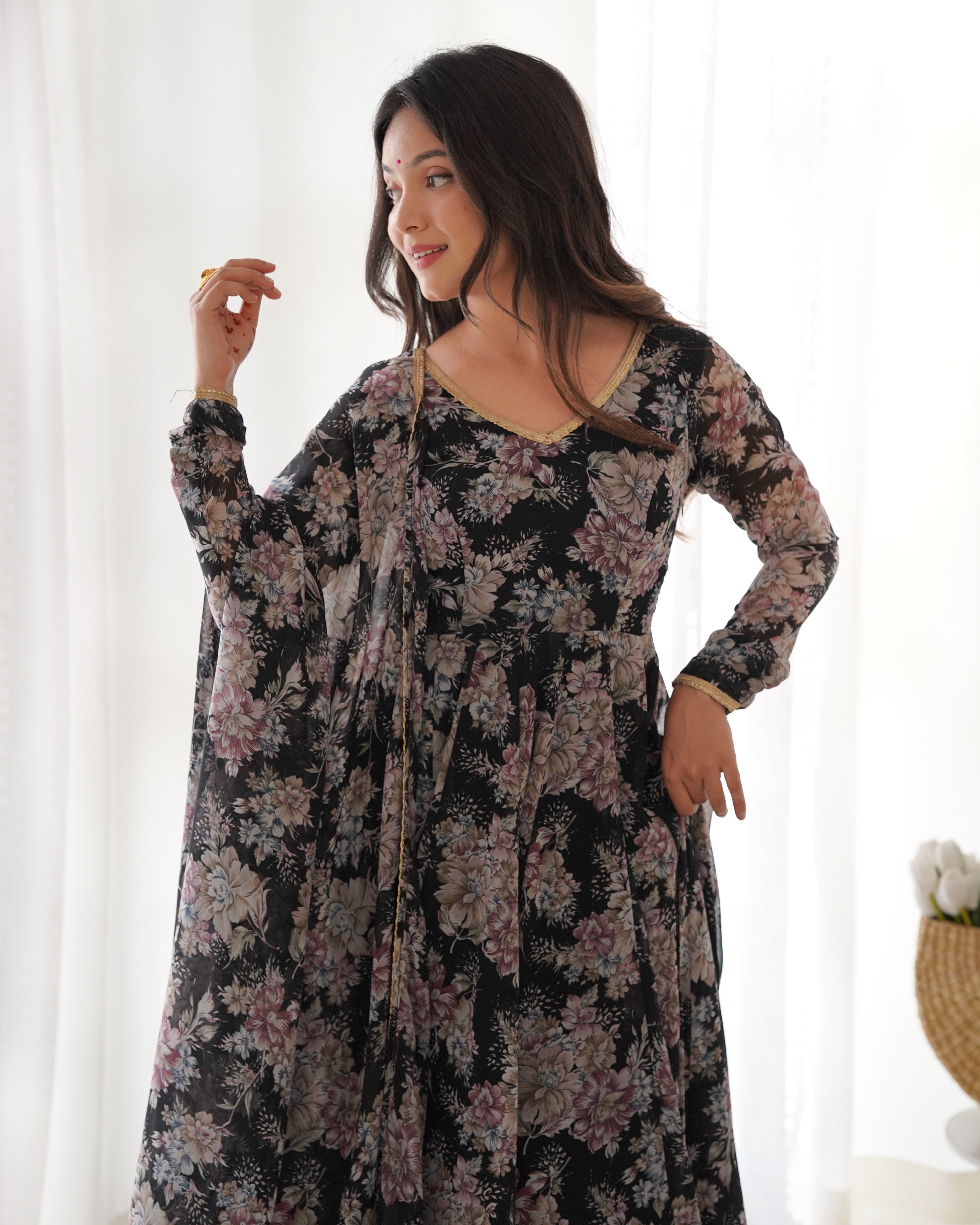 Georgette Stitched Black Anarkali Gown With Duppta Set