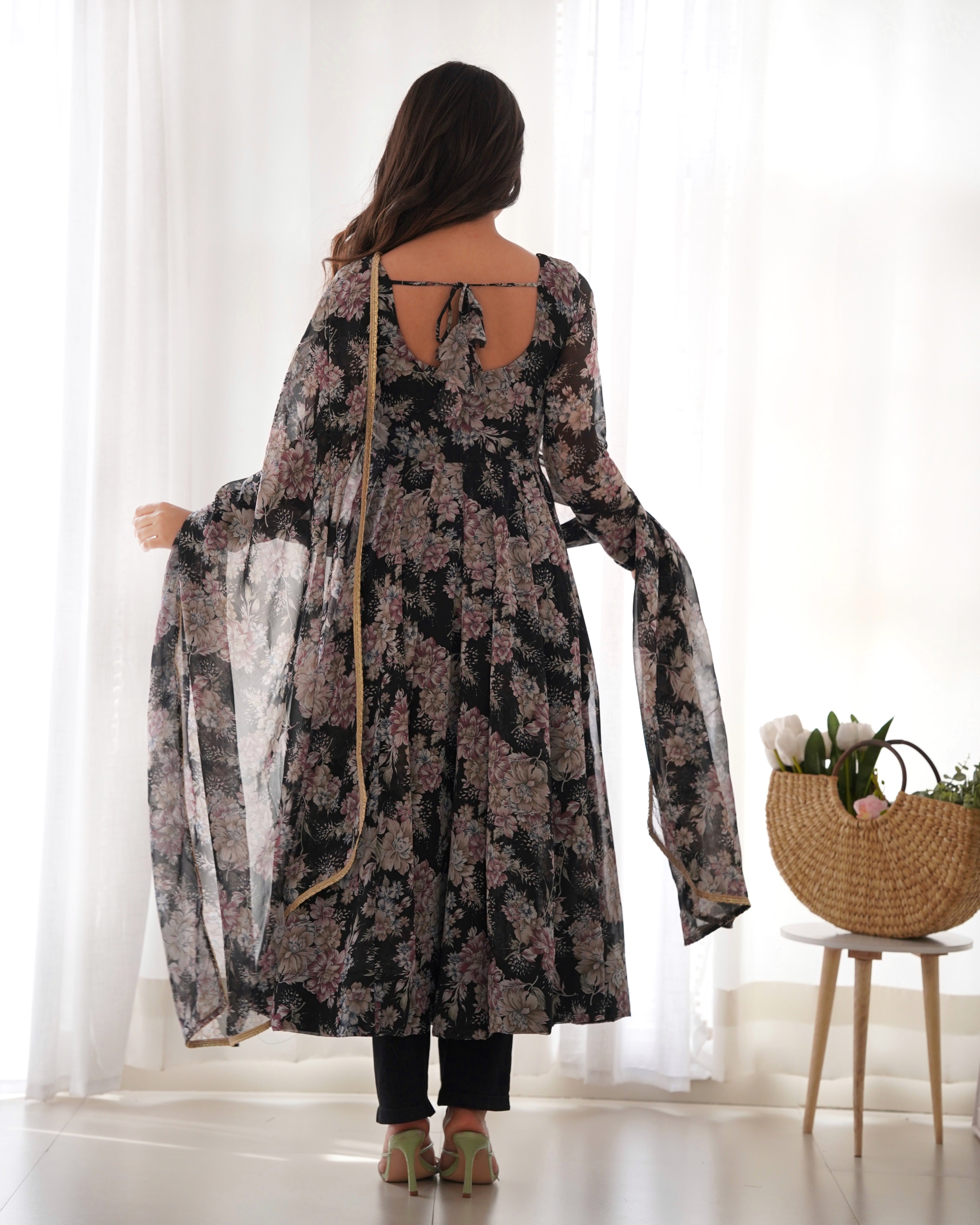 Georgette Stitched Black Anarkali Gown With Duppta Set