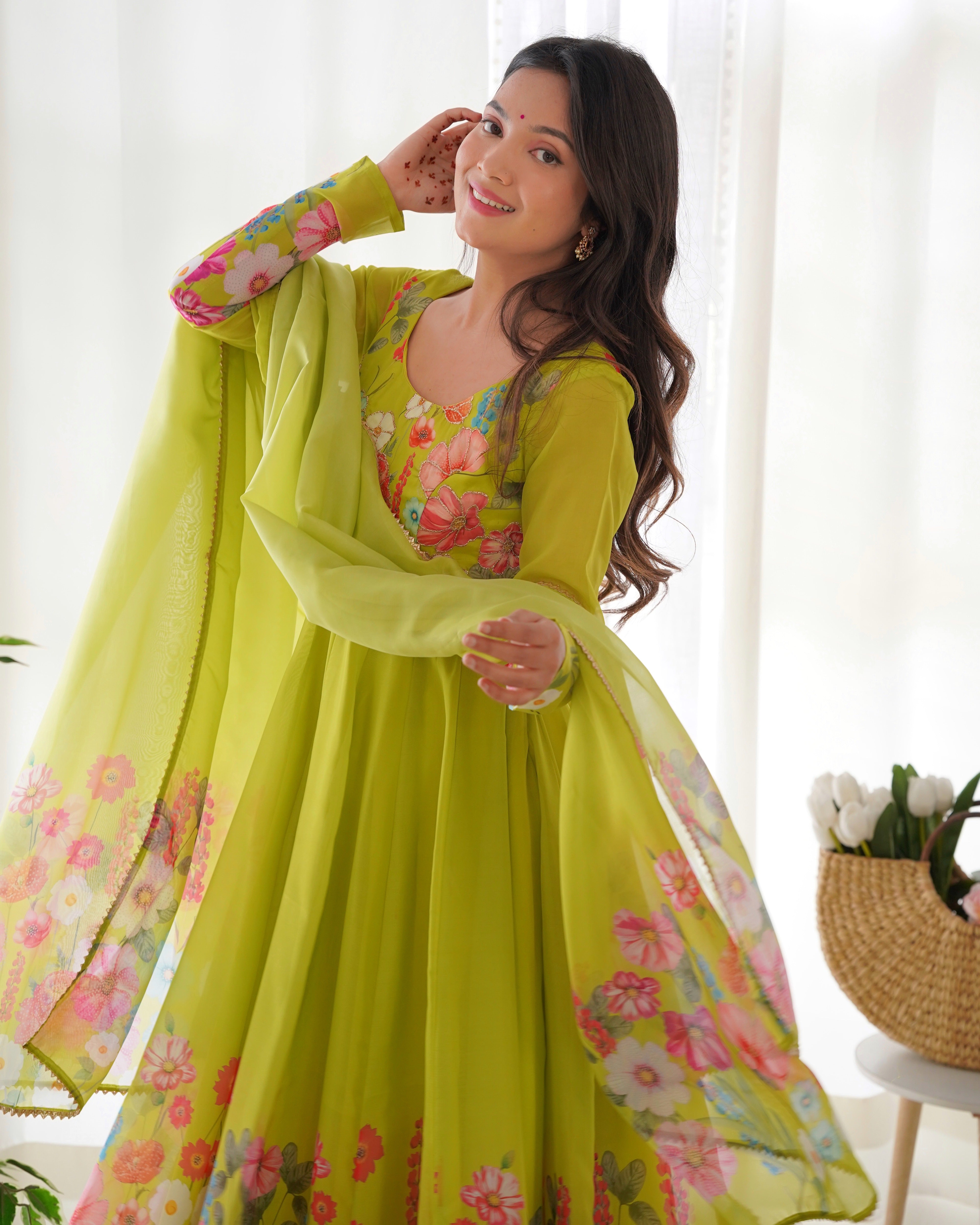 Georgette Stitched Green Anarkali Gown Kurta With Duppta Set