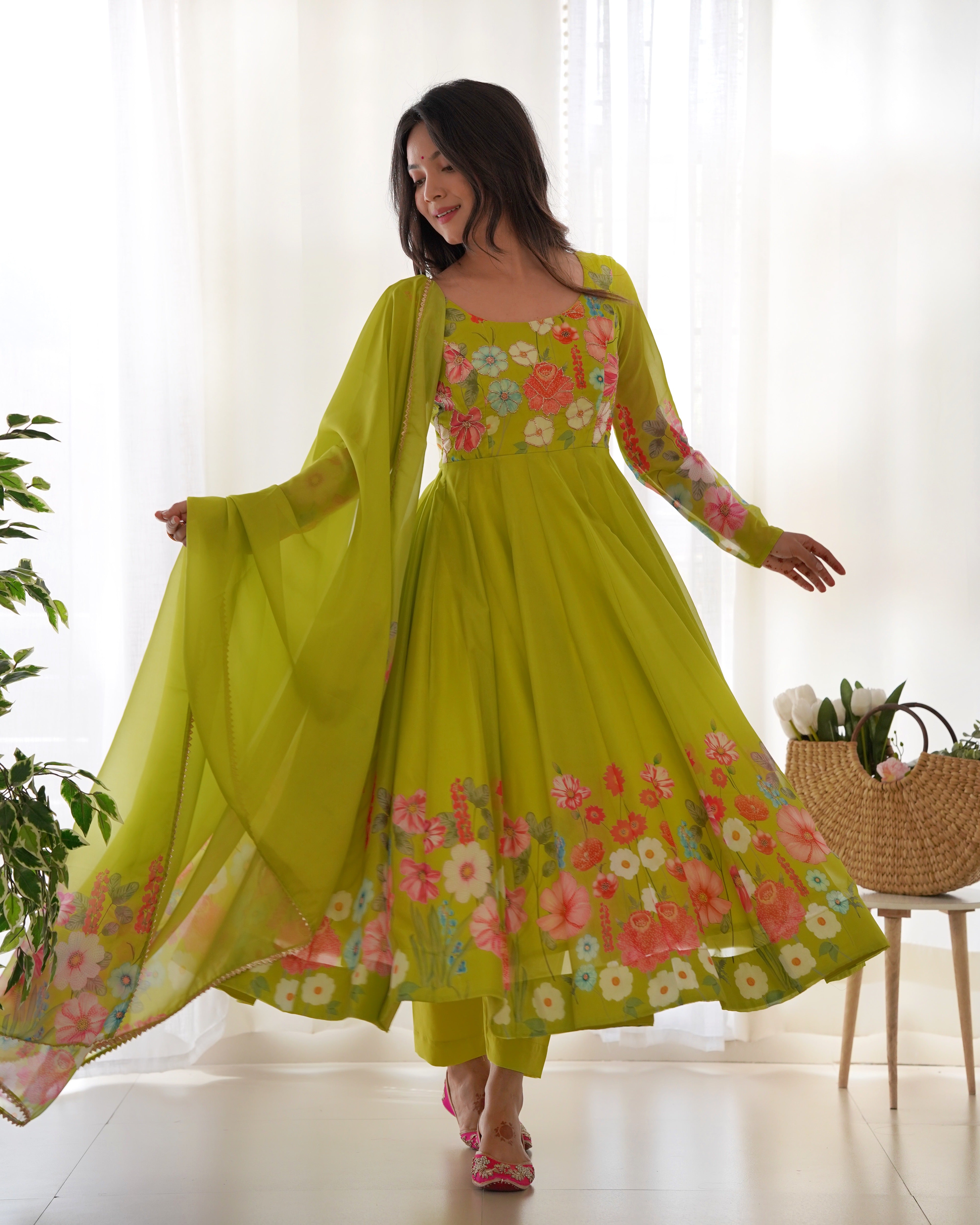 Georgette Stitched Green Anarkali Gown Kurta With Duppta Set