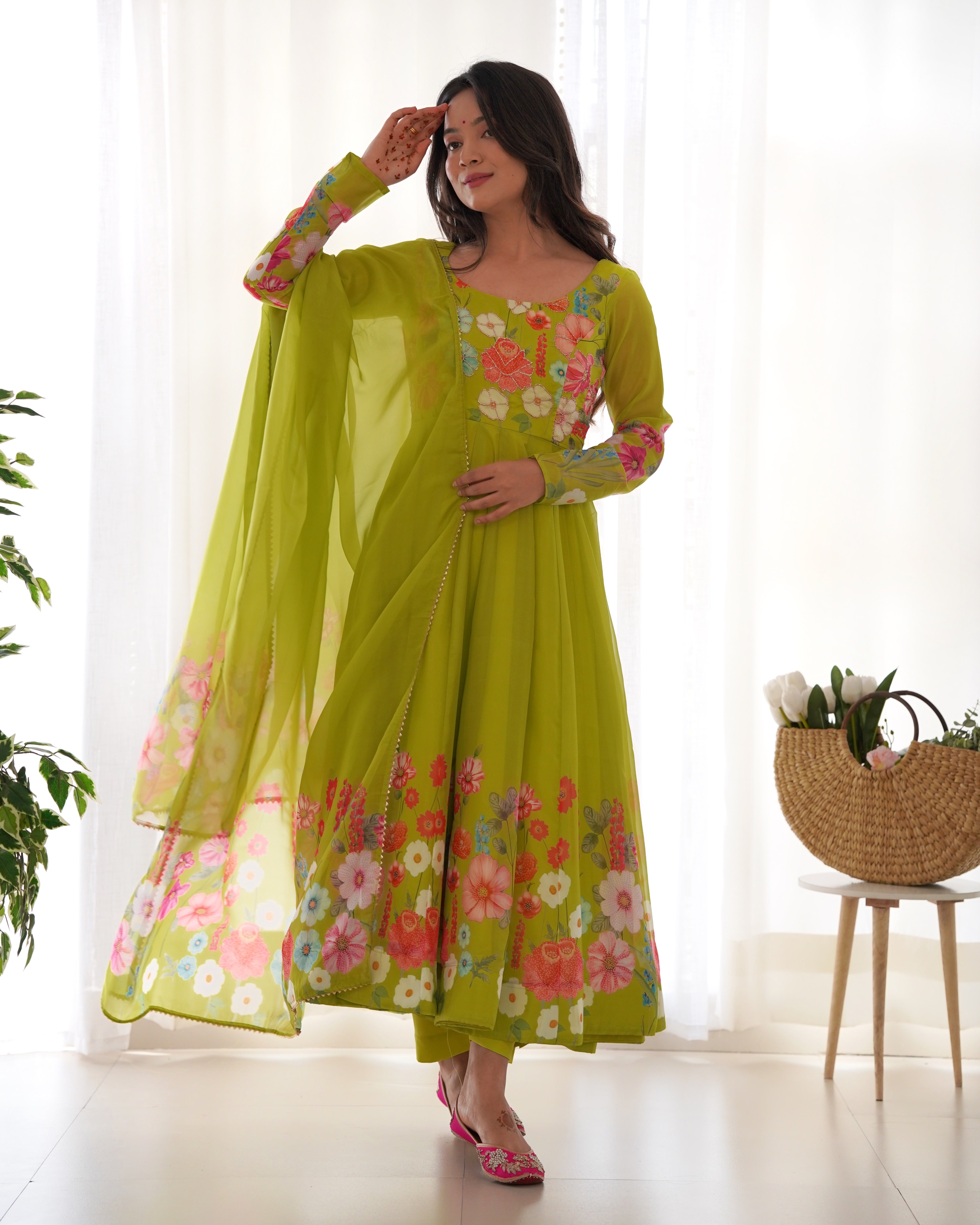 Georgette Stitched Green Anarkali Gown Kurta With Duppta Set