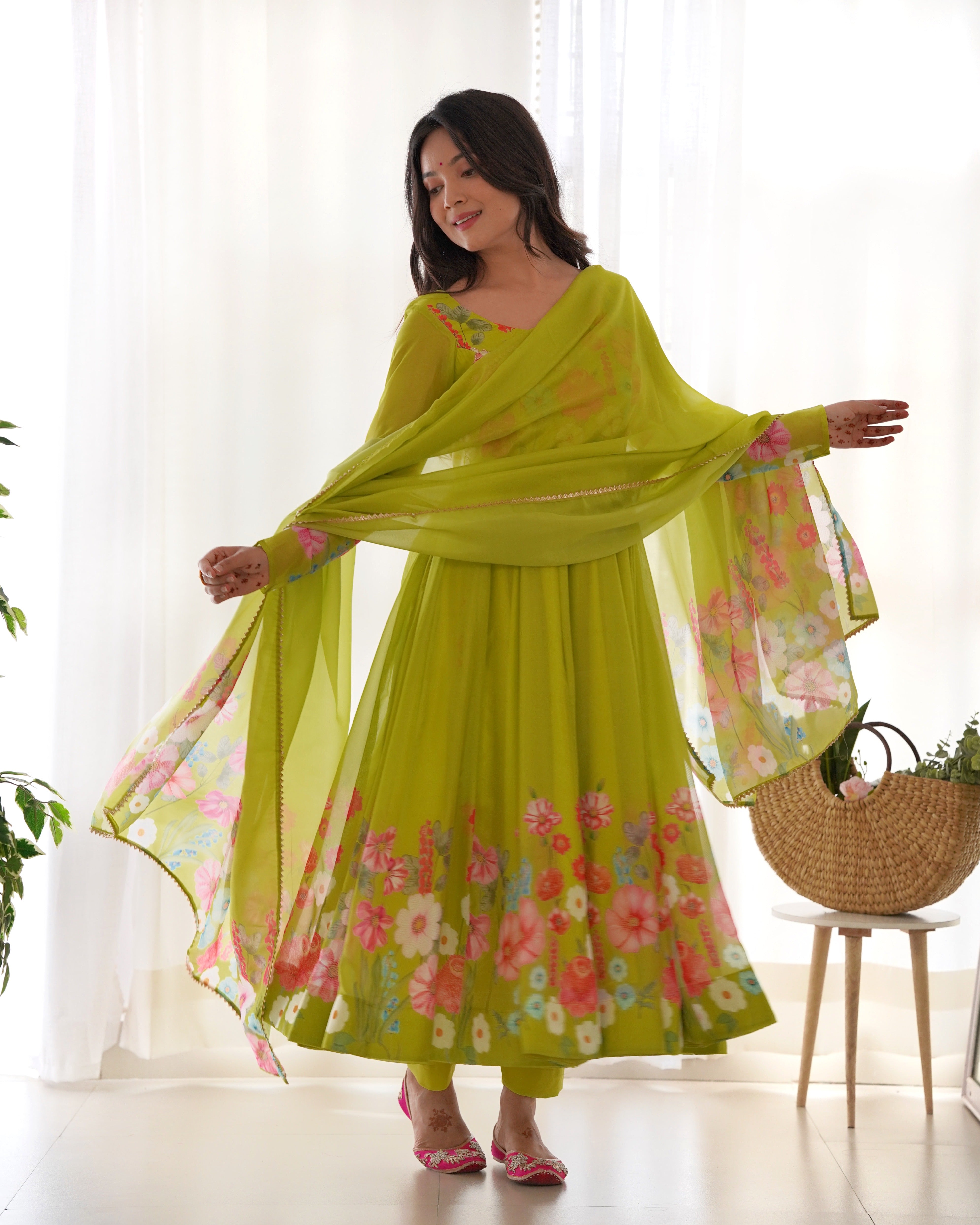 Georgette Stitched Green Anarkali Gown Kurta With Duppta Set