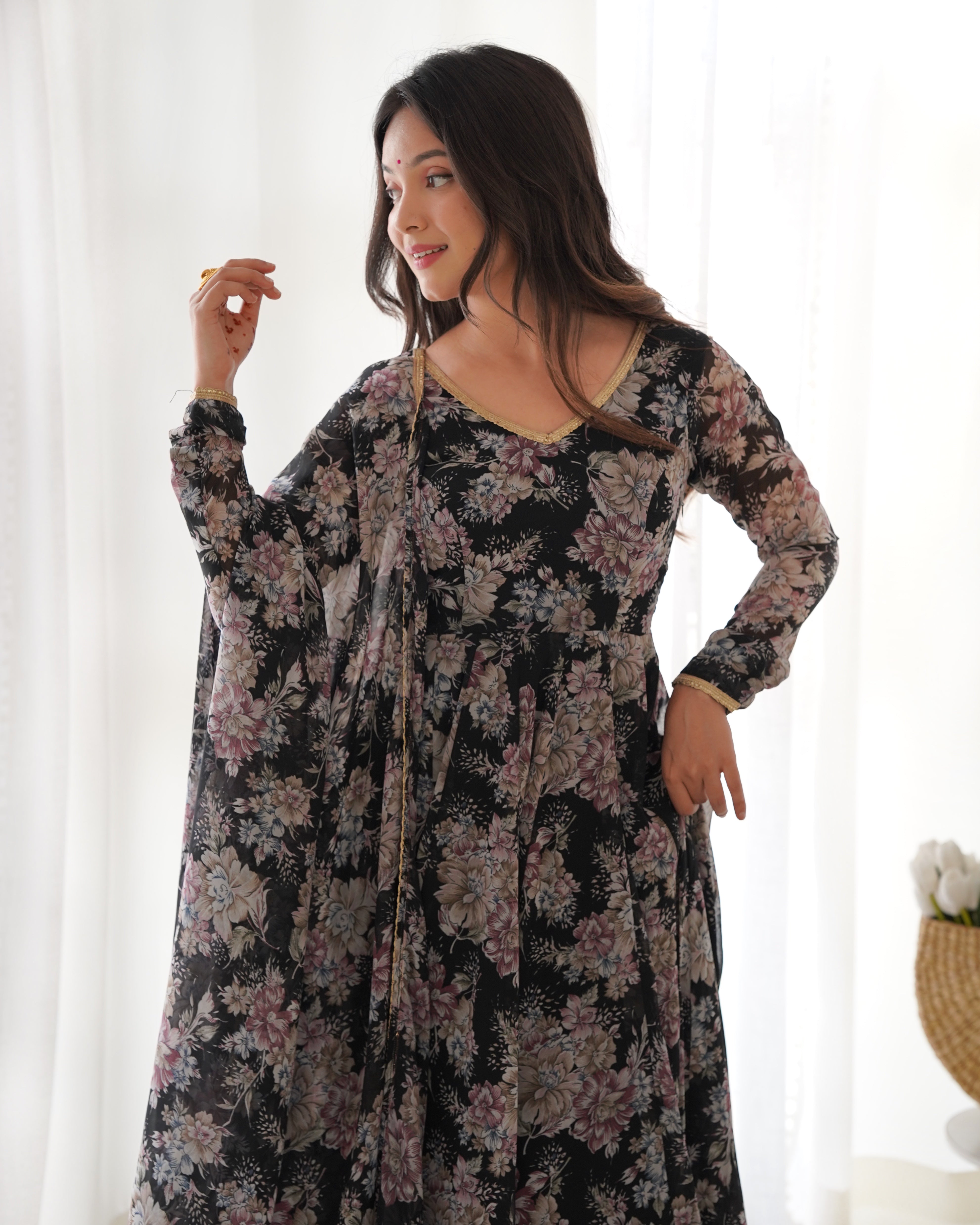 Laheriya Print Pure Black Georgette Multi-Floral Fully Flair Anarkali with Dupatta & Pant Set