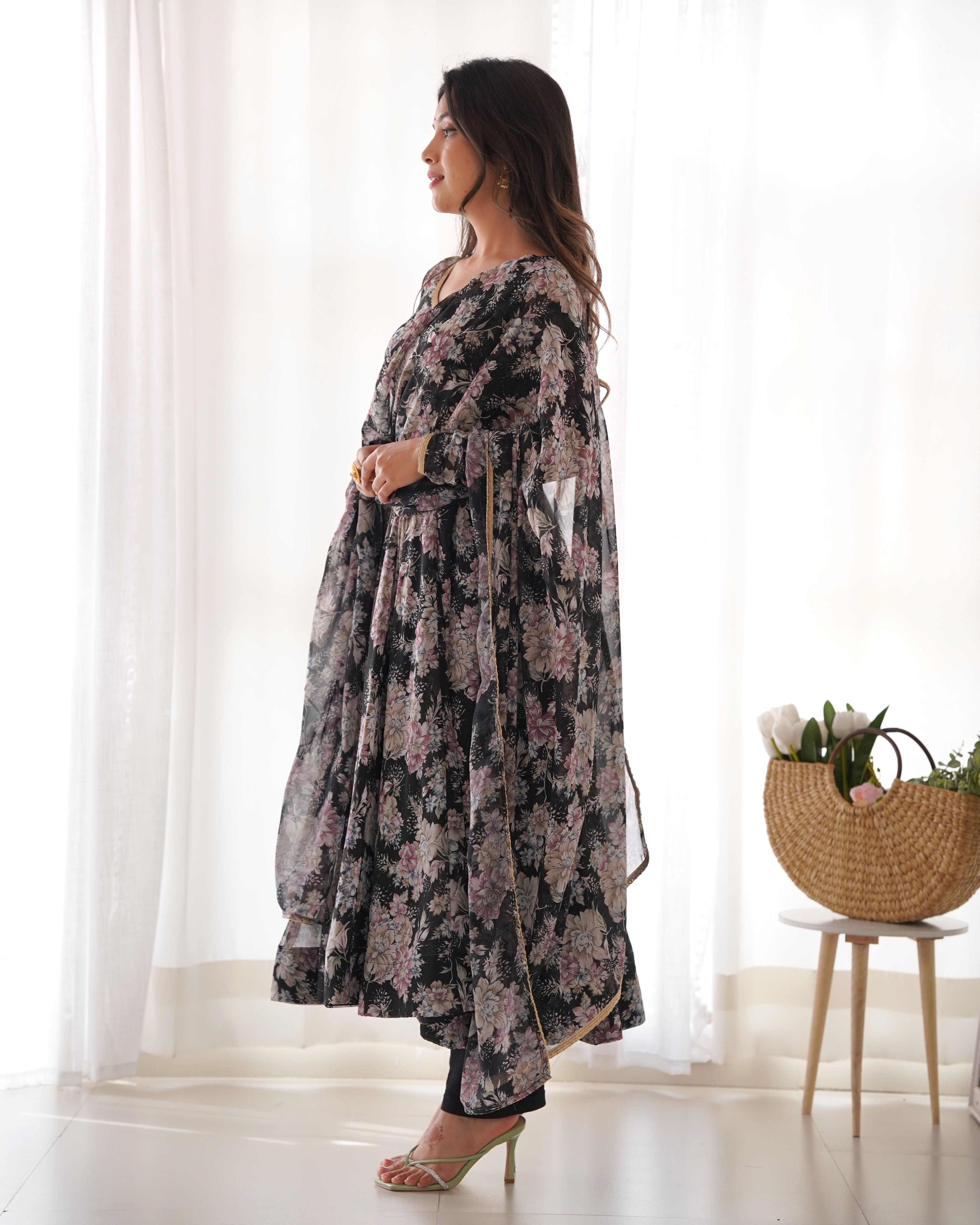 Laheriya Print Pure Black Georgette Multi-Floral Fully Flair Anarkali with Dupatta & Pant Set