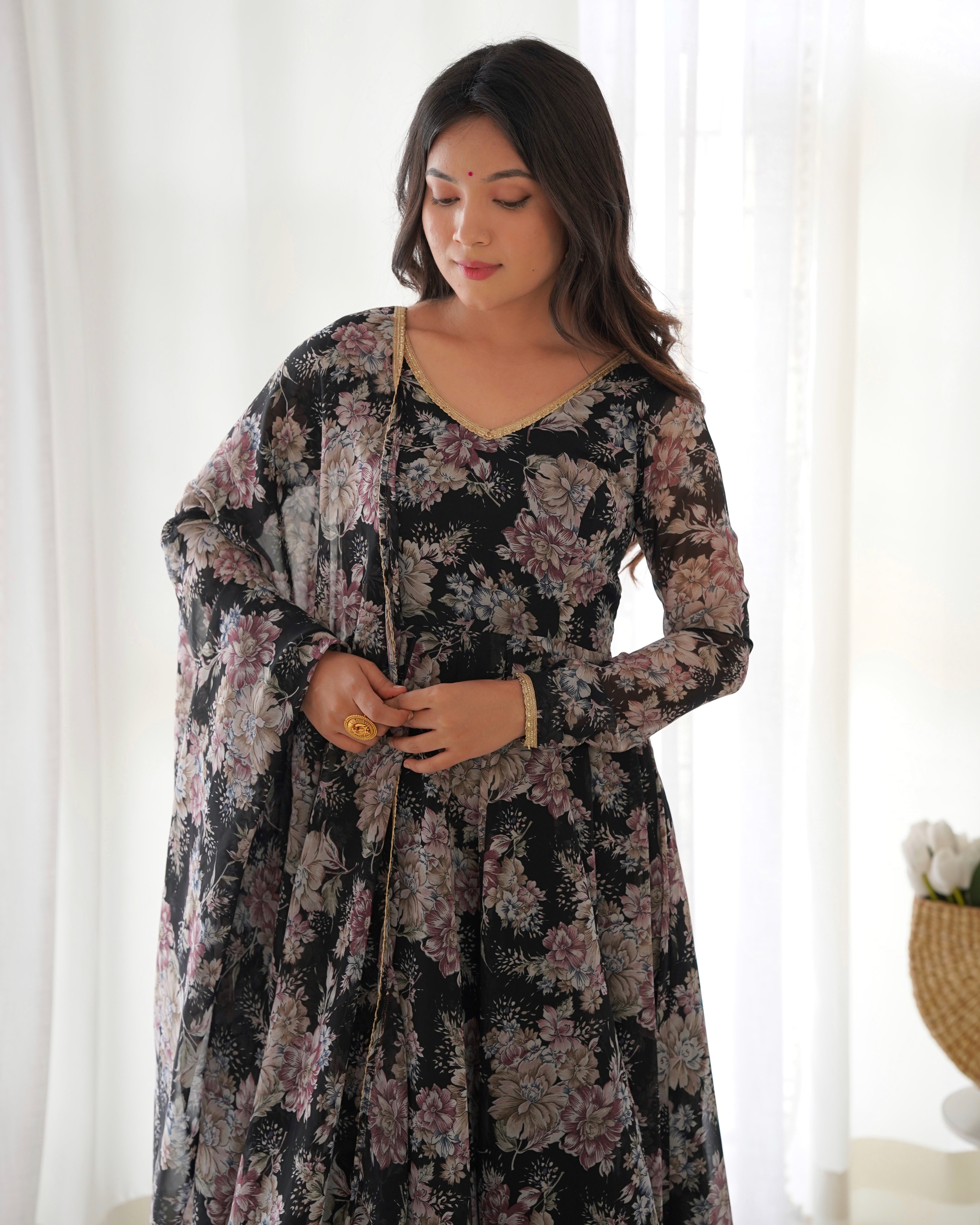 Laheriya Print Pure Black Georgette Multi-Floral Fully Flair Anarkali with Dupatta & Pant Set