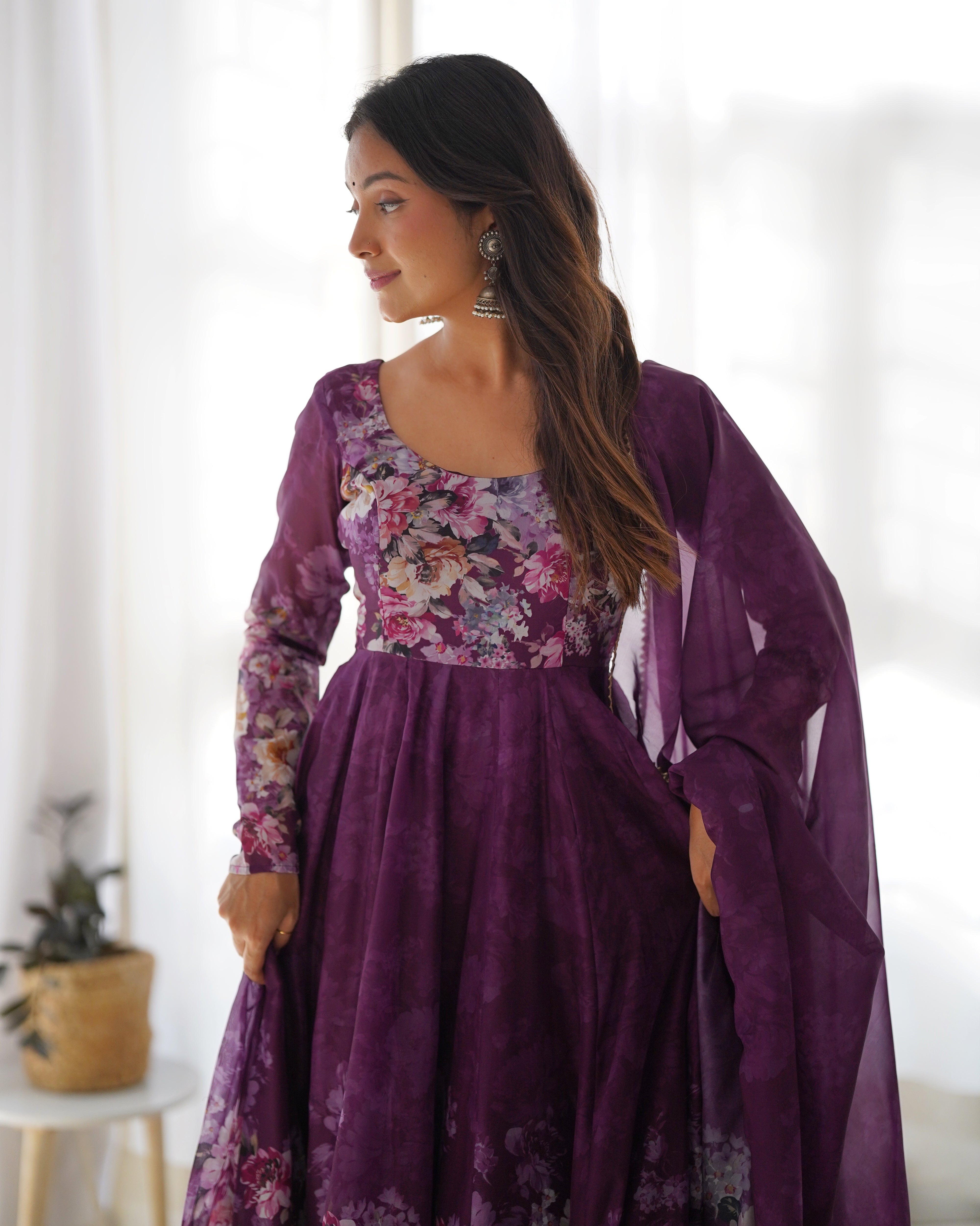 Georgette Stitched Floral Print Purple Anarkali Gown Kurta With Duppta Set