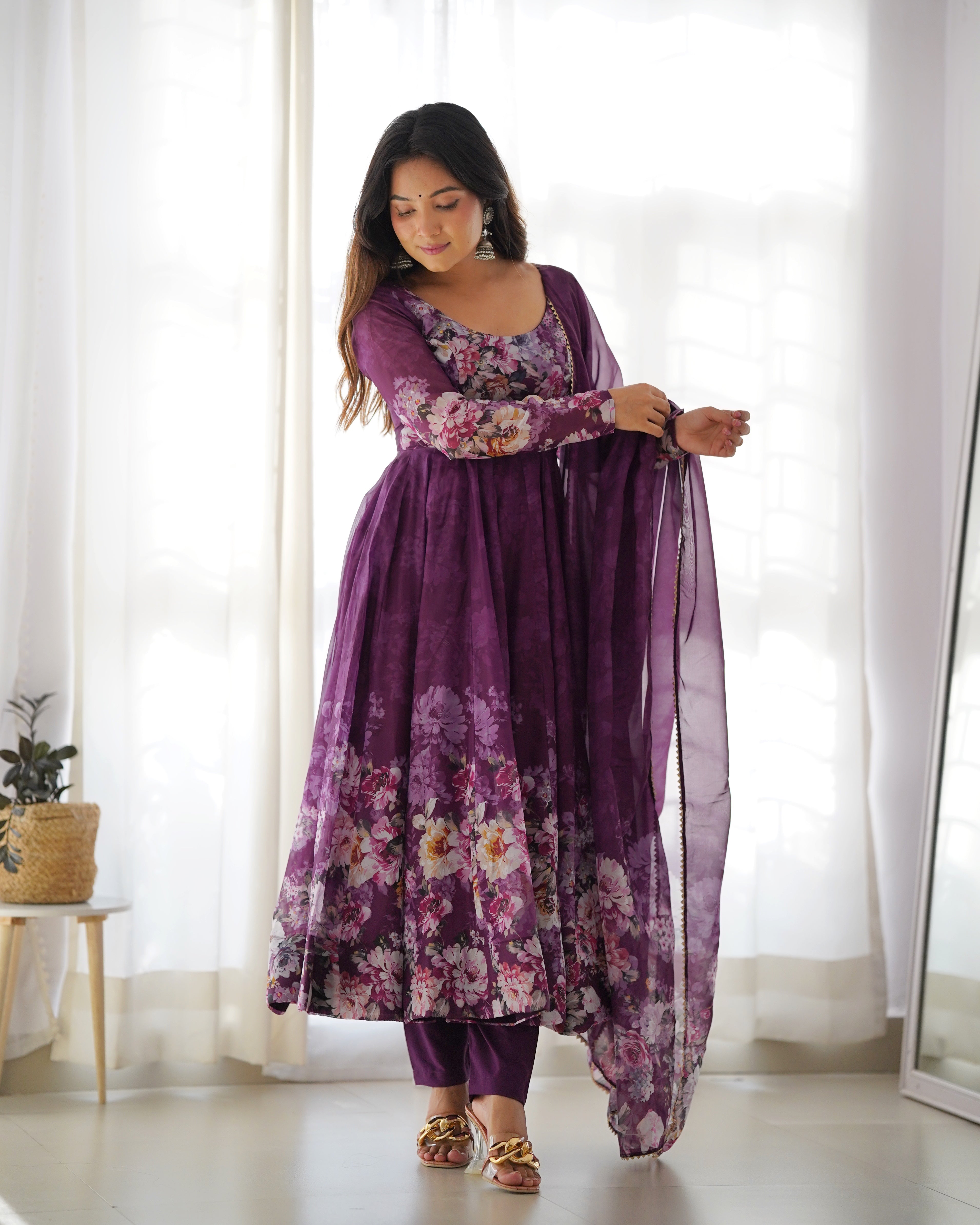Georgette Stitched Floral Print Purple Anarkali Gown Kurta With Duppta Set