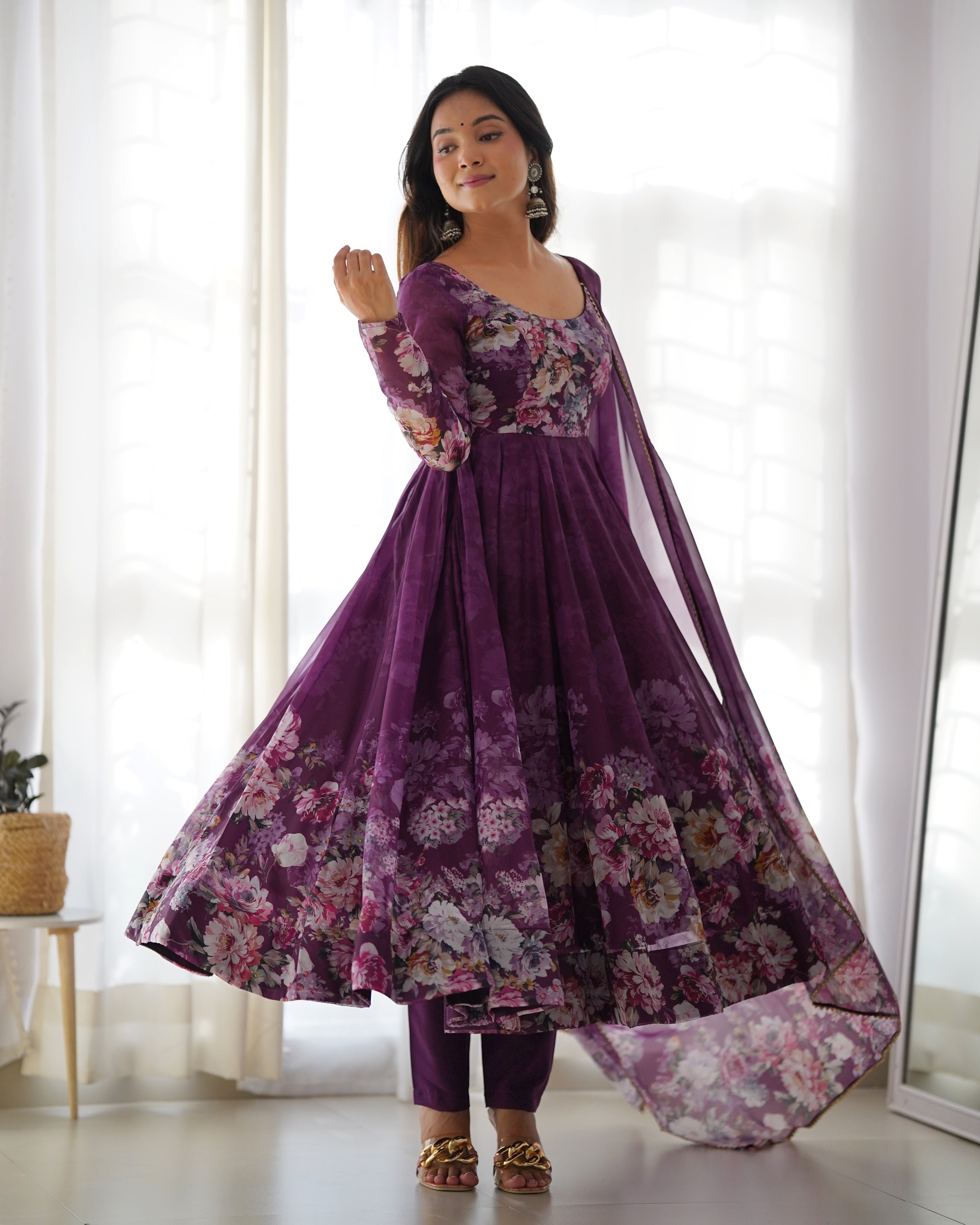 Georgette Stitched Floral Print Purple Anarkali Gown Kurta With Duppta Set