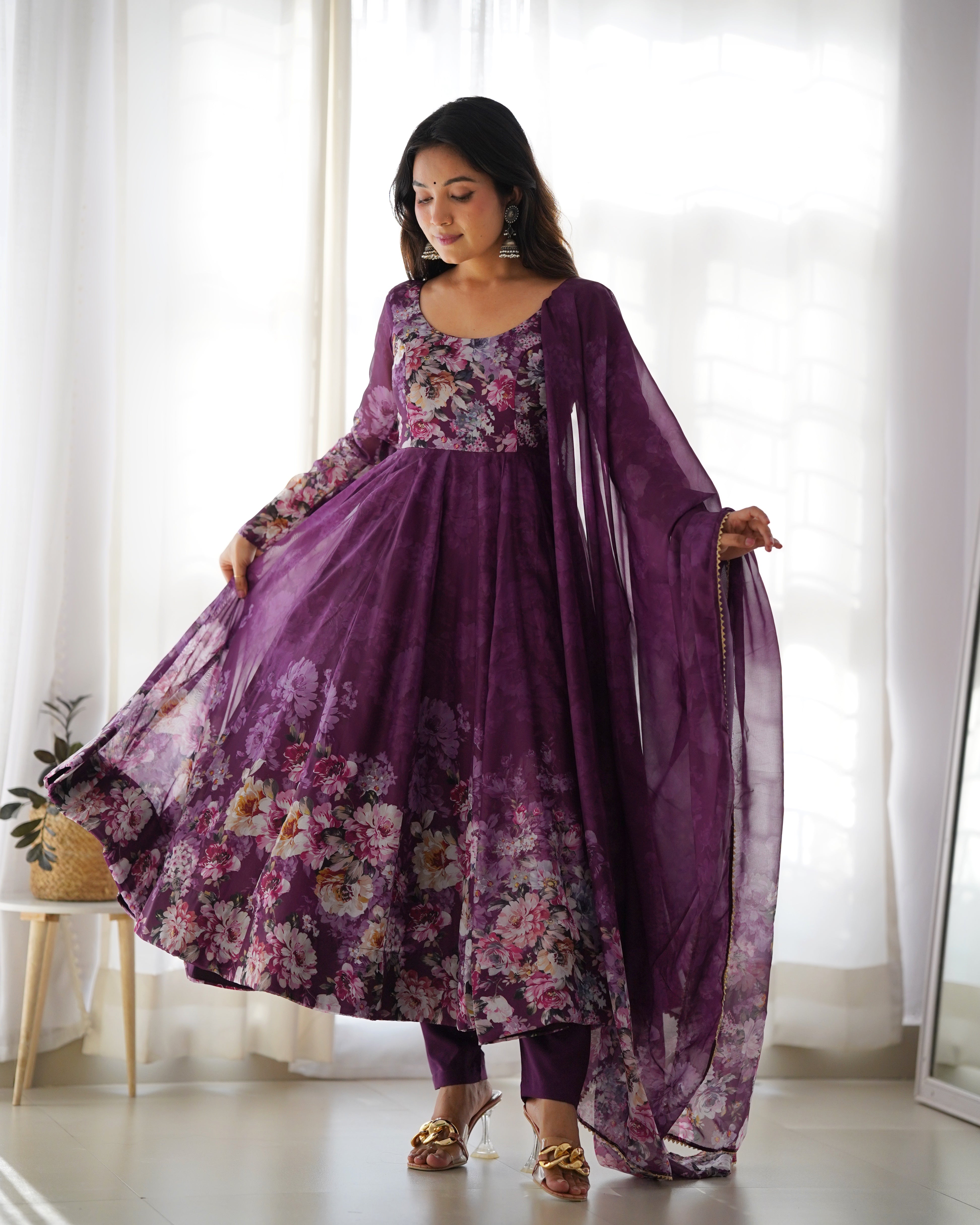 Georgette Stitched Floral Print Purple Anarkali Gown Kurta With Duppta Set