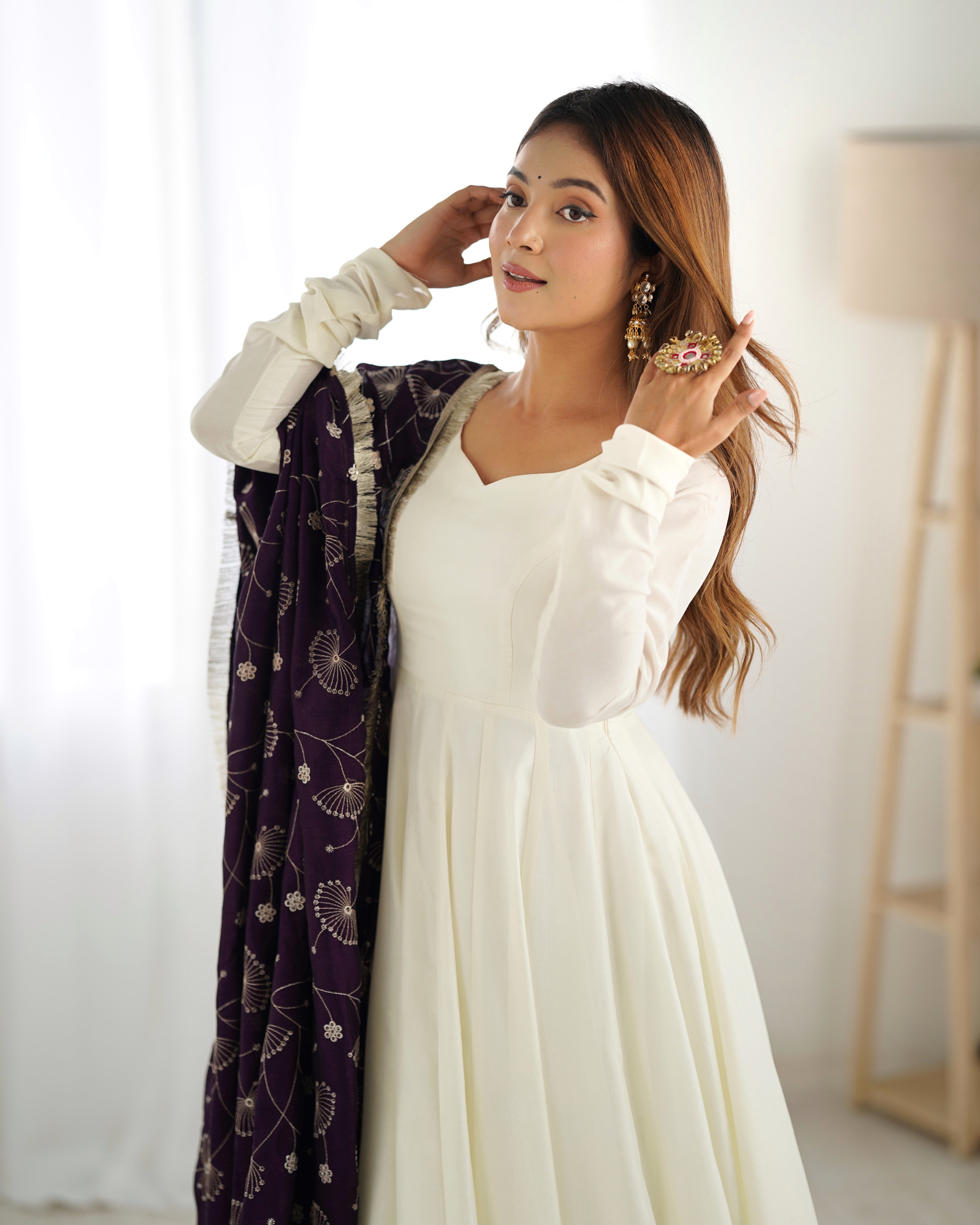 Pure Wine Vichitra Silk Fully Flair Kali Pattern Anarkali with Canvas Patta, Dupatta & Pant
