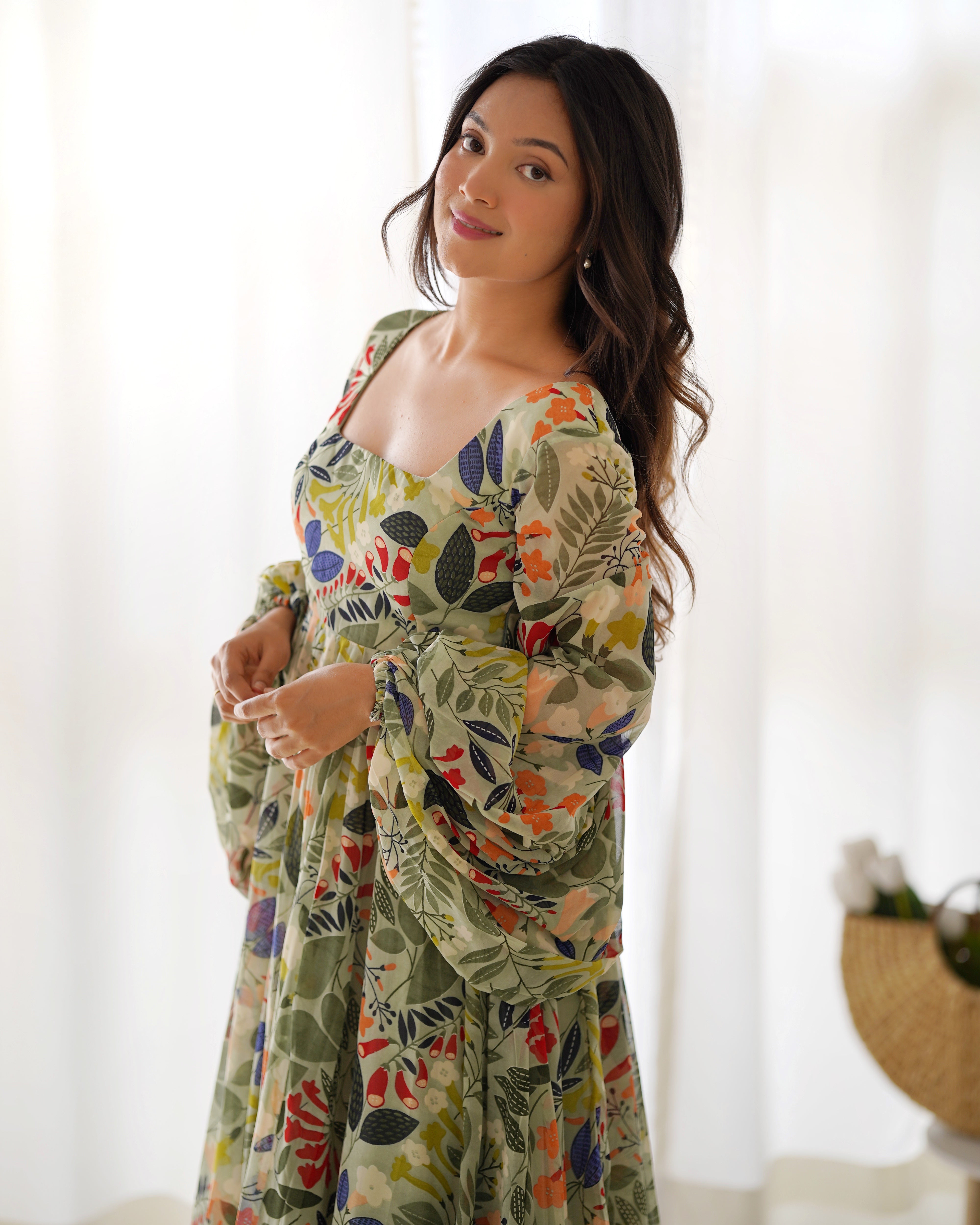 Colorful Floral Soft Fox Georgette Fully Flair Maxi with Balloon Sleeves