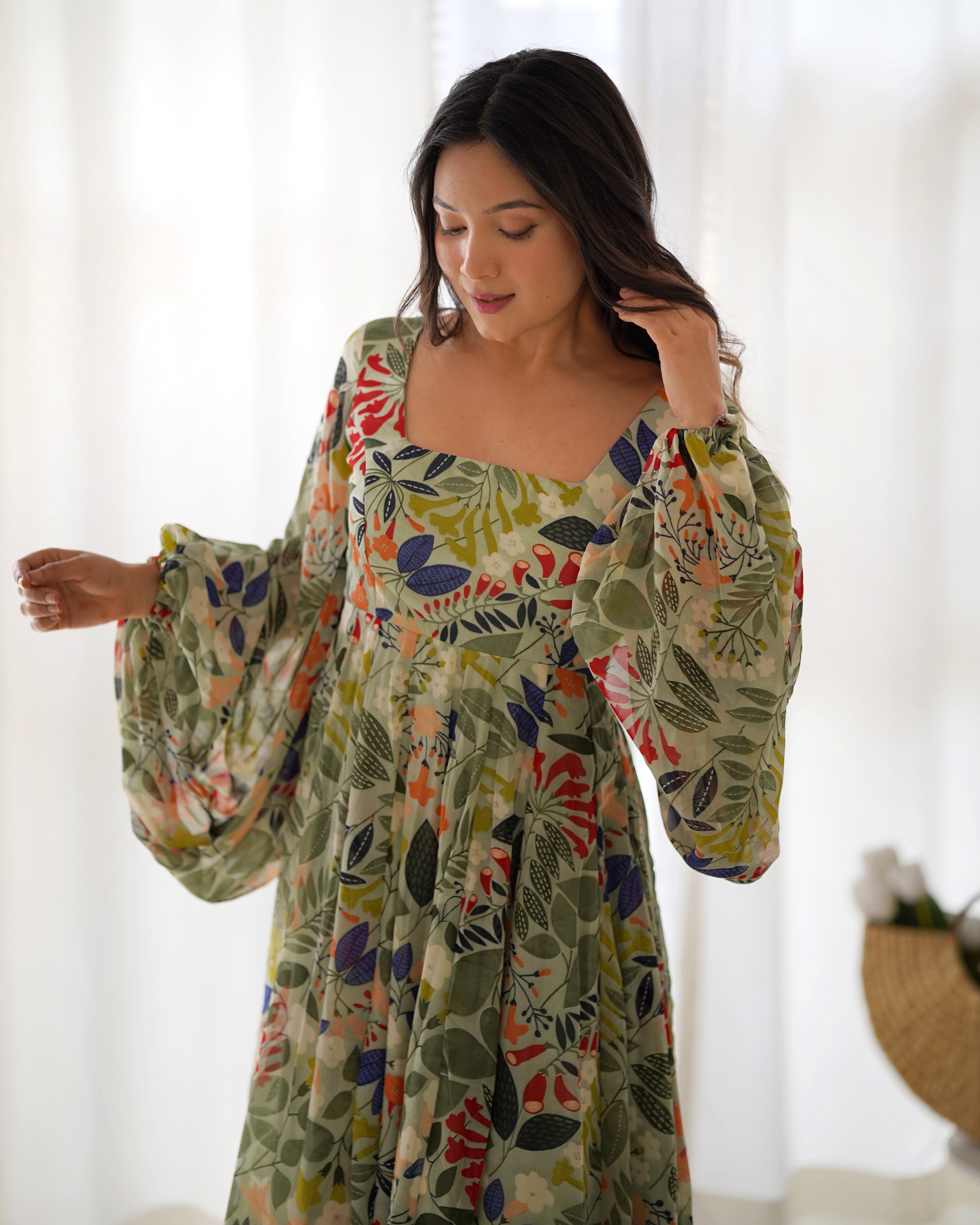 Colorful Floral Soft Fox Georgette Fully Flair Maxi with Balloon Sleeves
