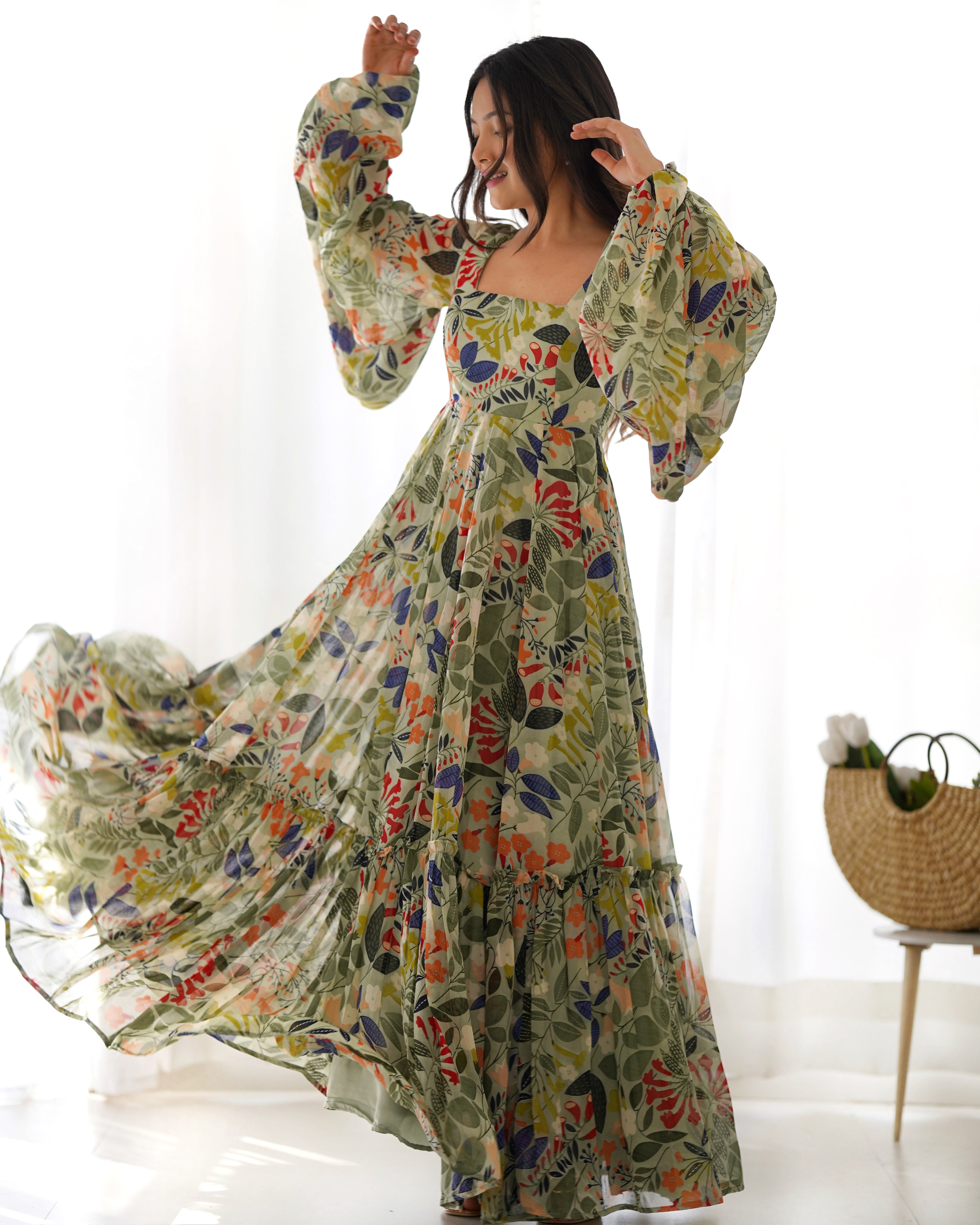 Colorful Floral Soft Fox Georgette Fully Flair Maxi with Balloon Sleeves