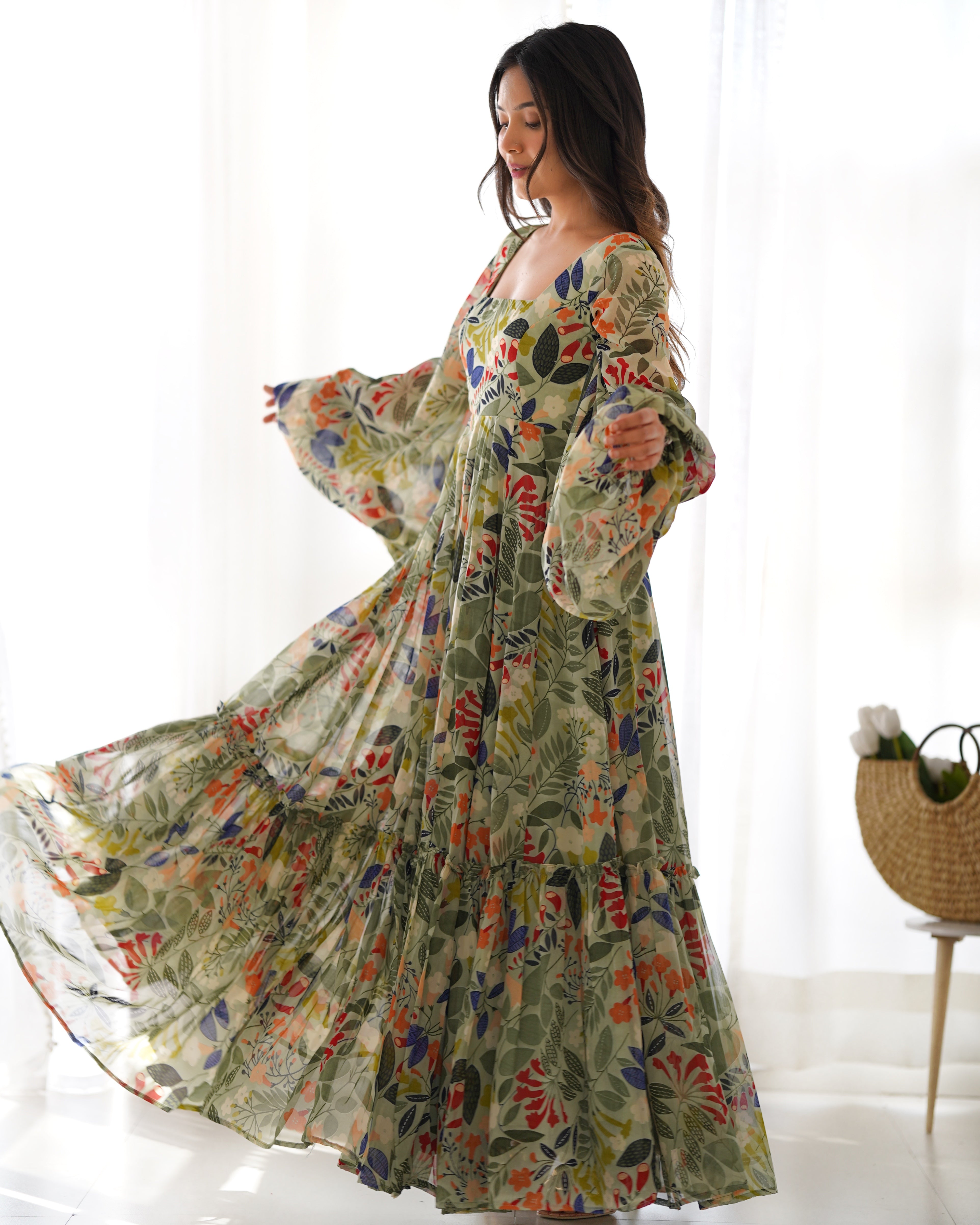 Colorful Floral Soft Fox Georgette Fully Flair Maxi with Balloon Sleeves