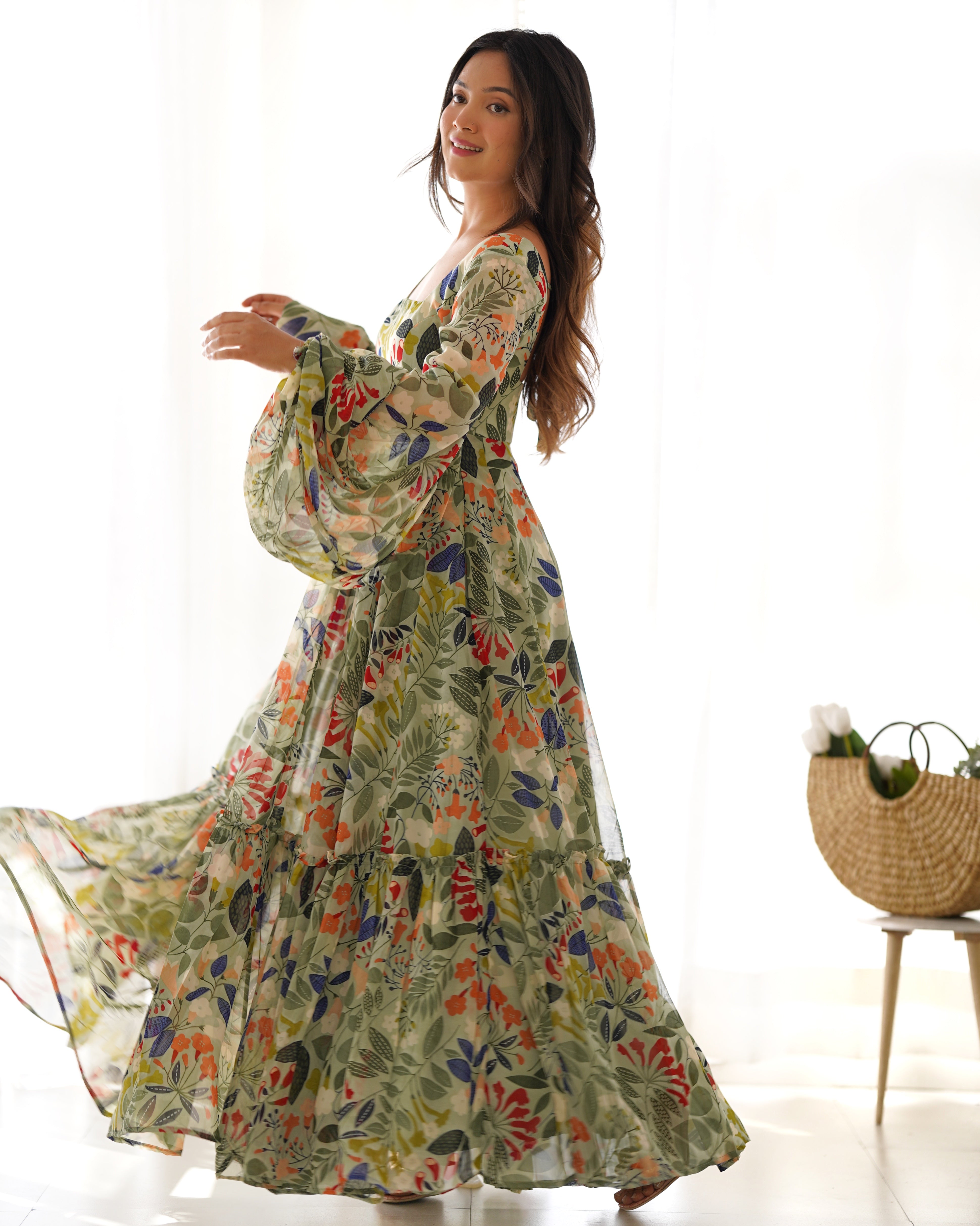 Colorful Floral Soft Fox Georgette Fully Flair Maxi with Balloon Sleeves