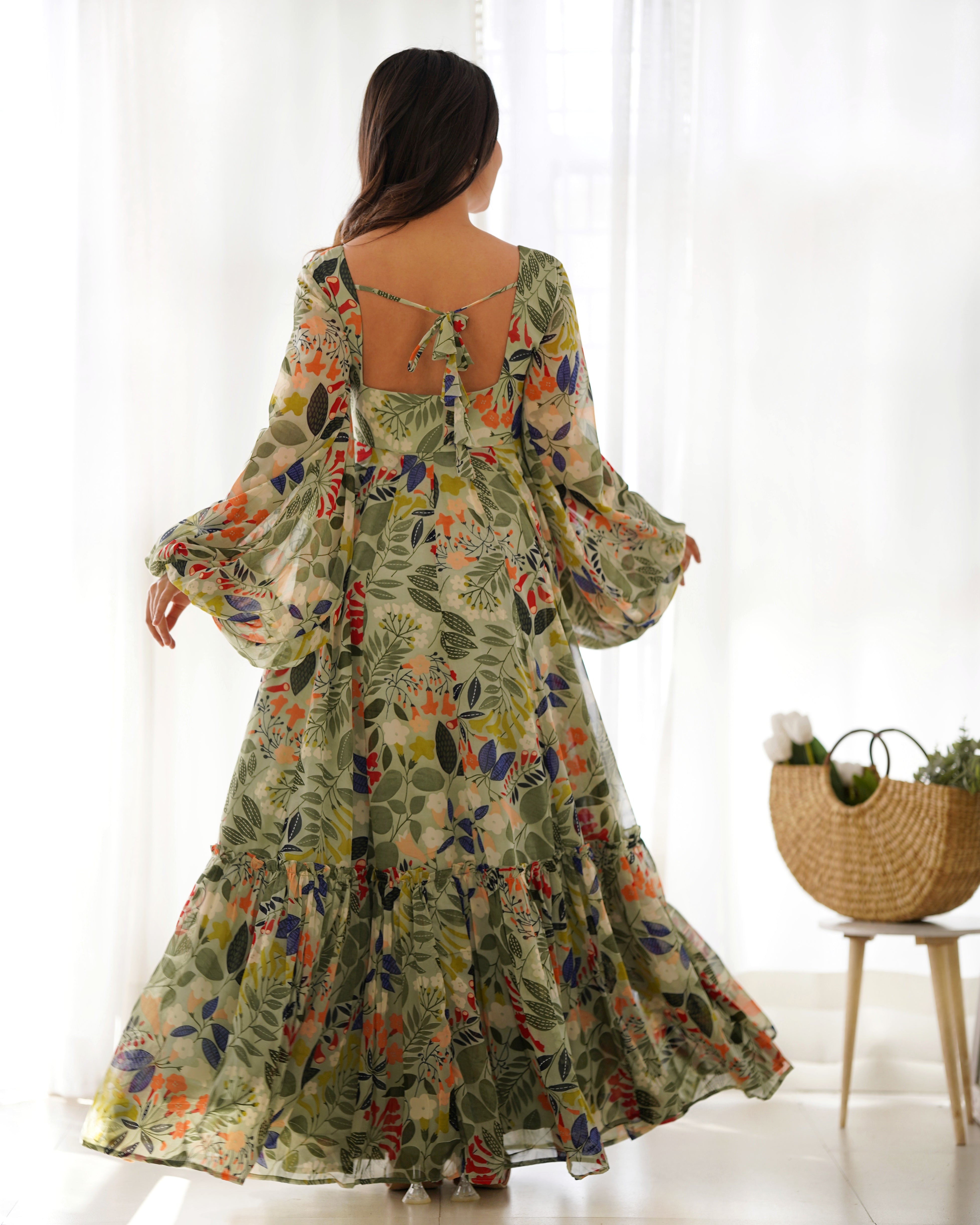 Colorful Floral Soft Fox Georgette Fully Flair Maxi with Balloon Sleeves