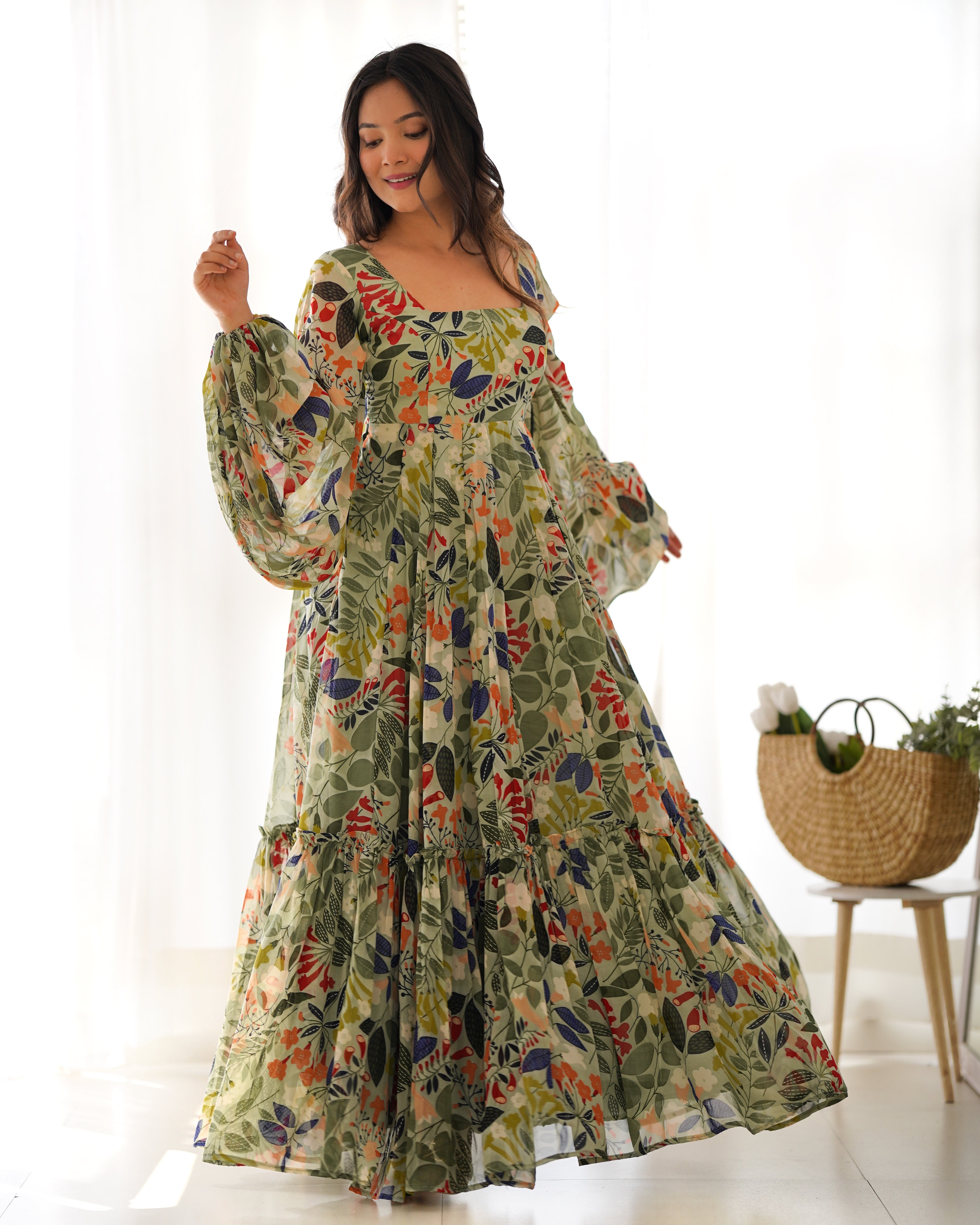 Colorful Floral Soft Fox Georgette Fully Flair Maxi with Balloon Sleeves