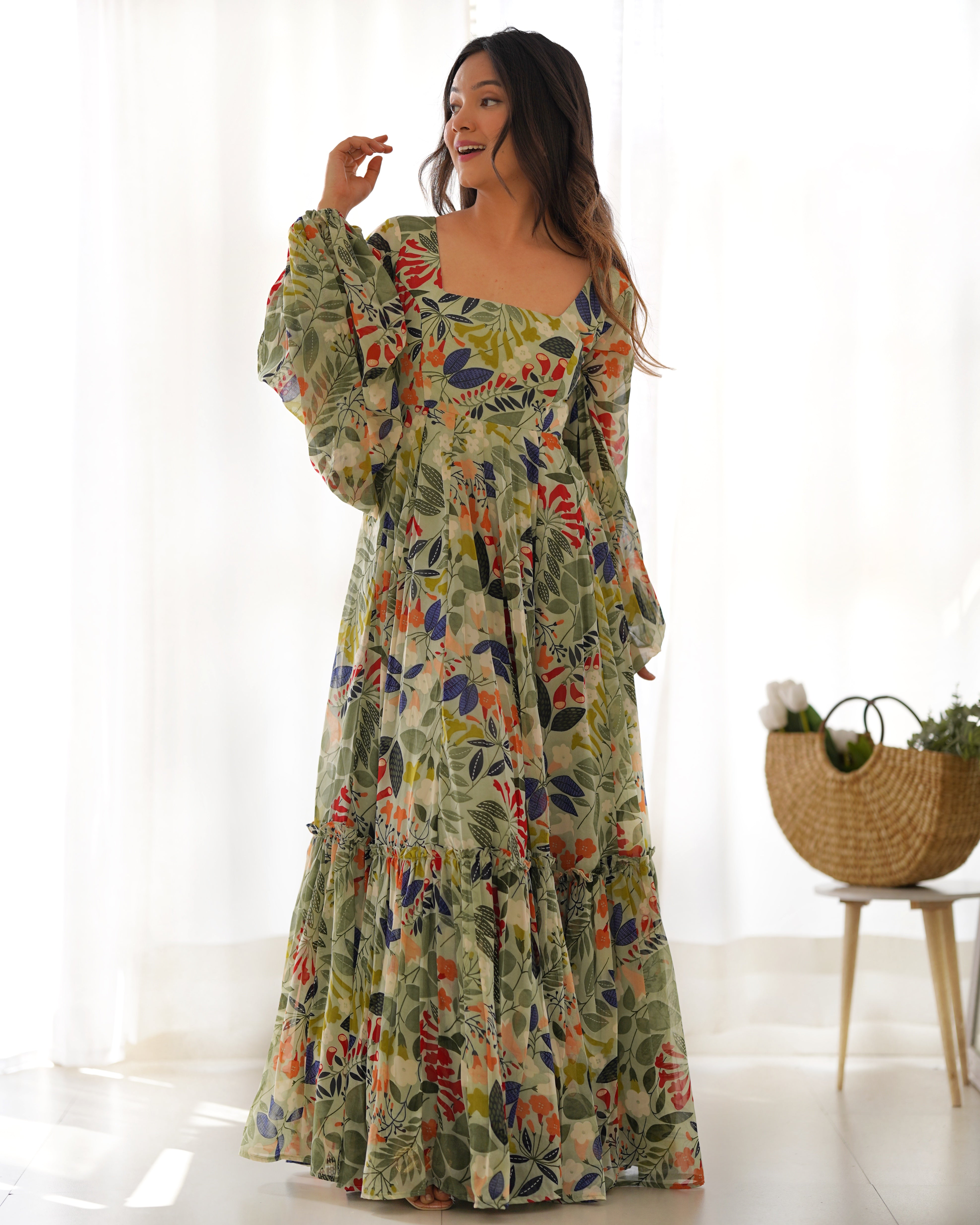 Colorful Floral Soft Fox Georgette Fully Flair Maxi with Balloon Sleeves