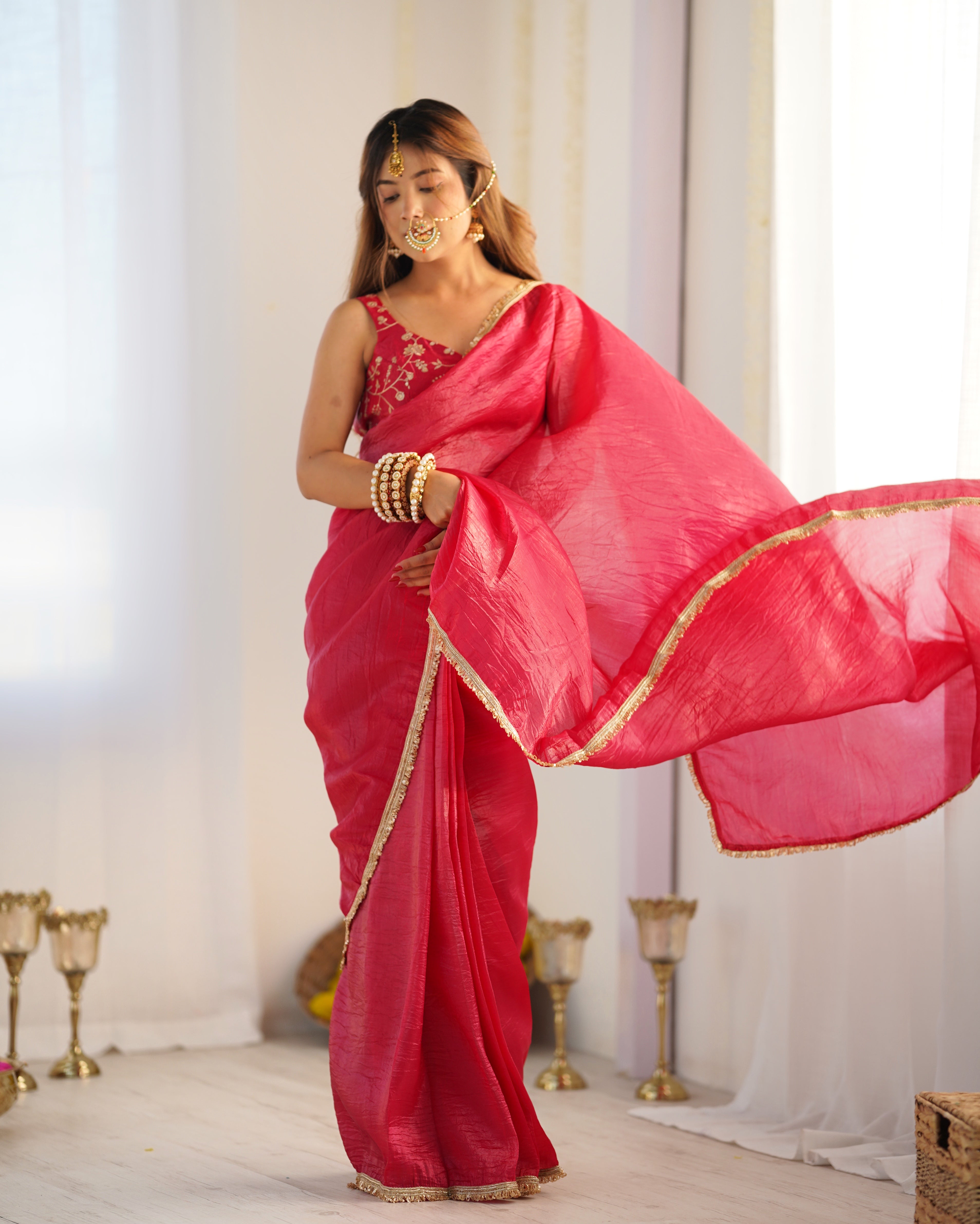 Timeless Premium Gold Crush Tissue Silk Pink Sarees for Festivities & Weddings – Ready to Wear with Stitched Blouse