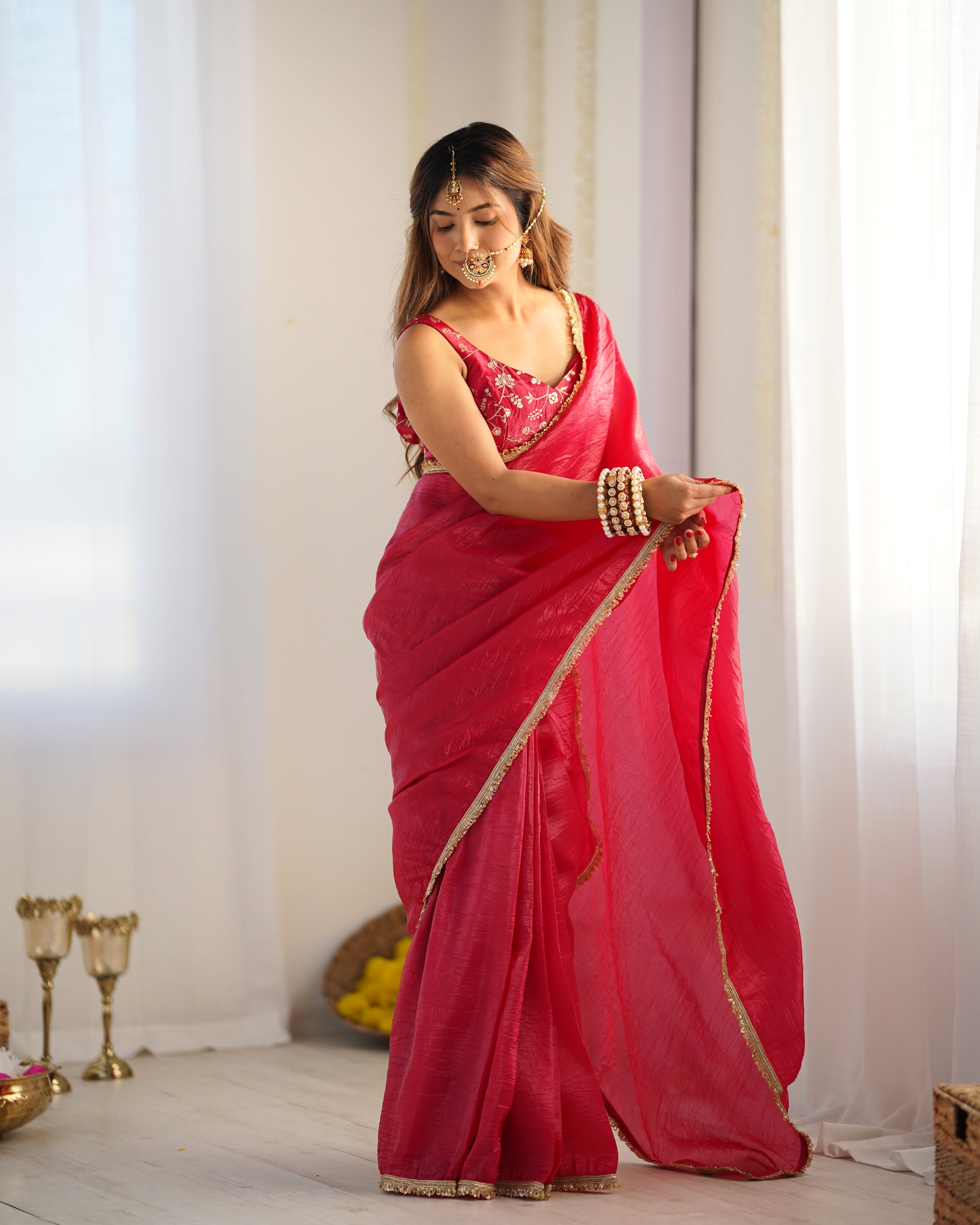 Timeless Premium Gold Crush Tissue Silk Pink Sarees for Festivities & Weddings – Ready to Wear with Stitched Blouse