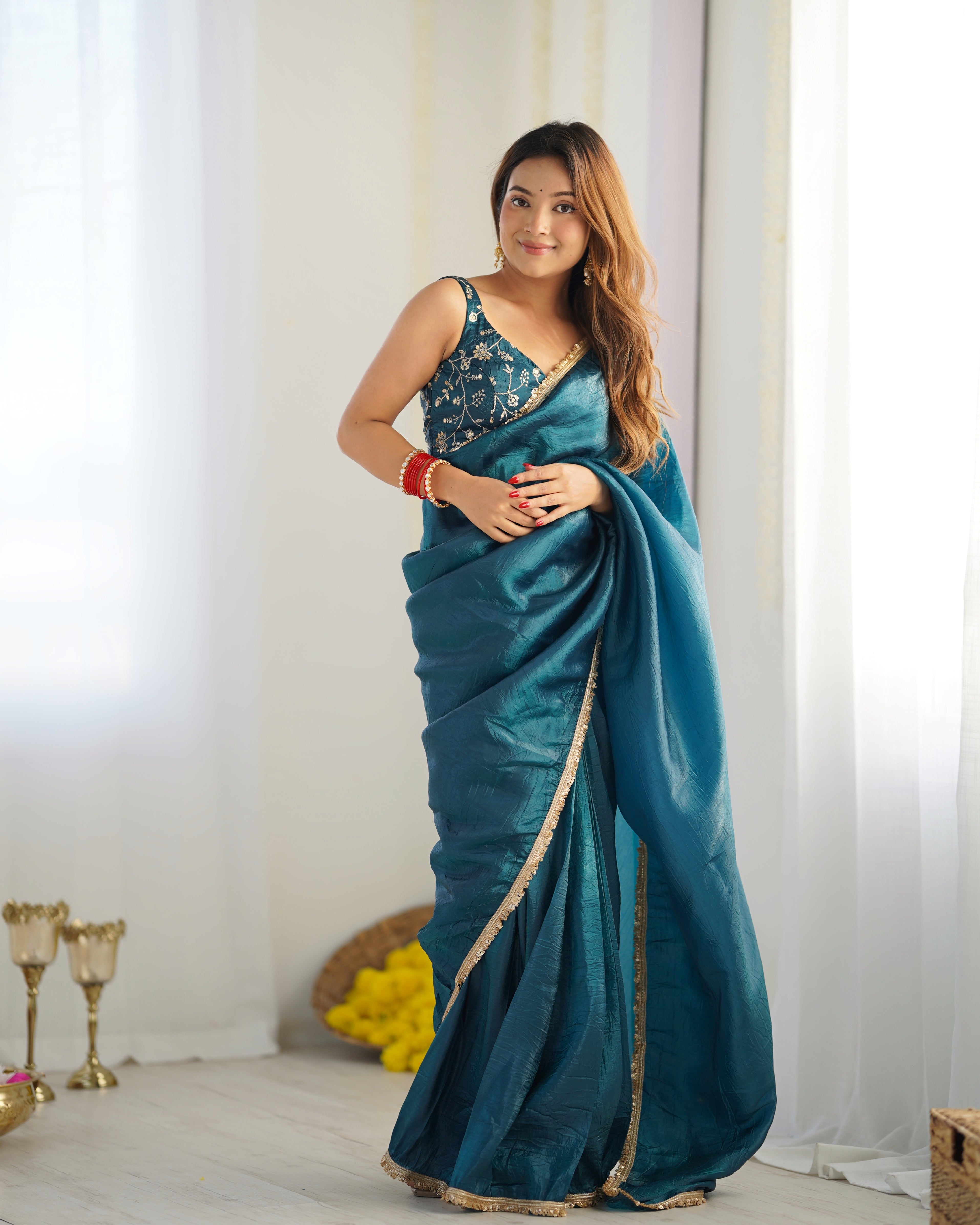 Timeless Premium Gold Crush Tissue Silk Sarees for Festivities & Weddings – Ready to Wear with Stitched Blouse