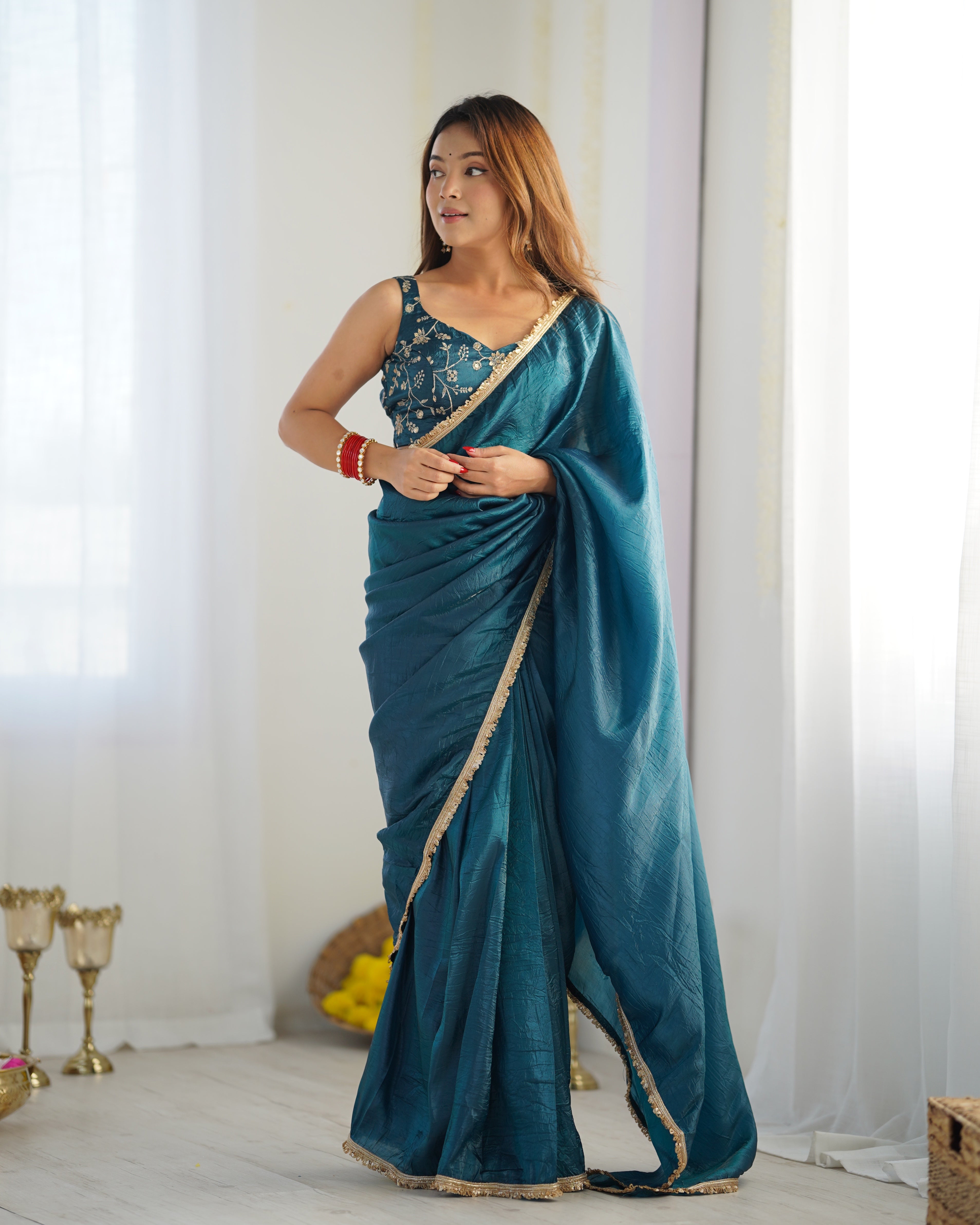 Timeless Premium Gold Crush Tissue Silk Sarees for Festivities & Weddings – Ready to Wear with Stitched Blouse