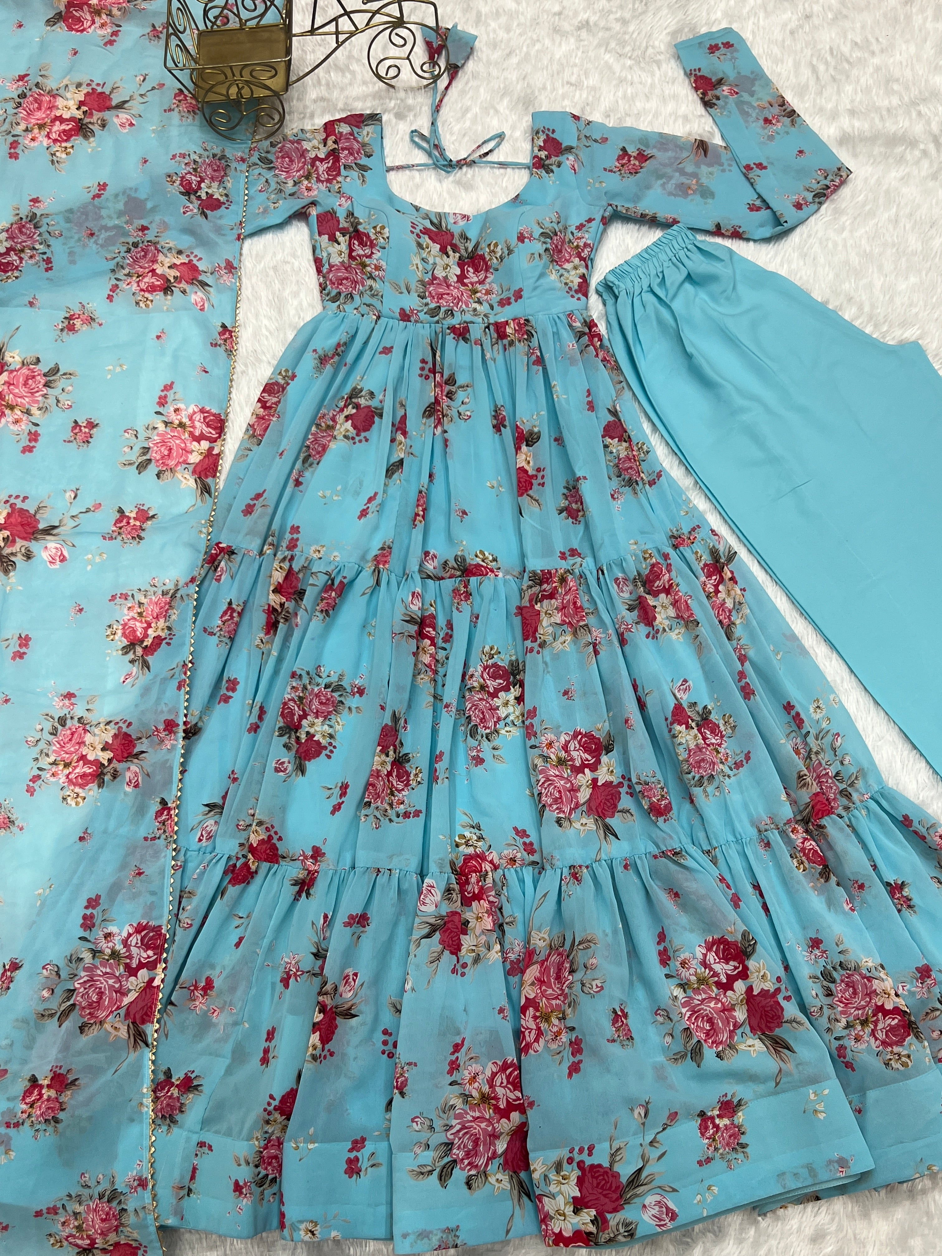 Pure Soft Fox Georgette Floral Print Fabric Flair Anarkali With Duppta Set