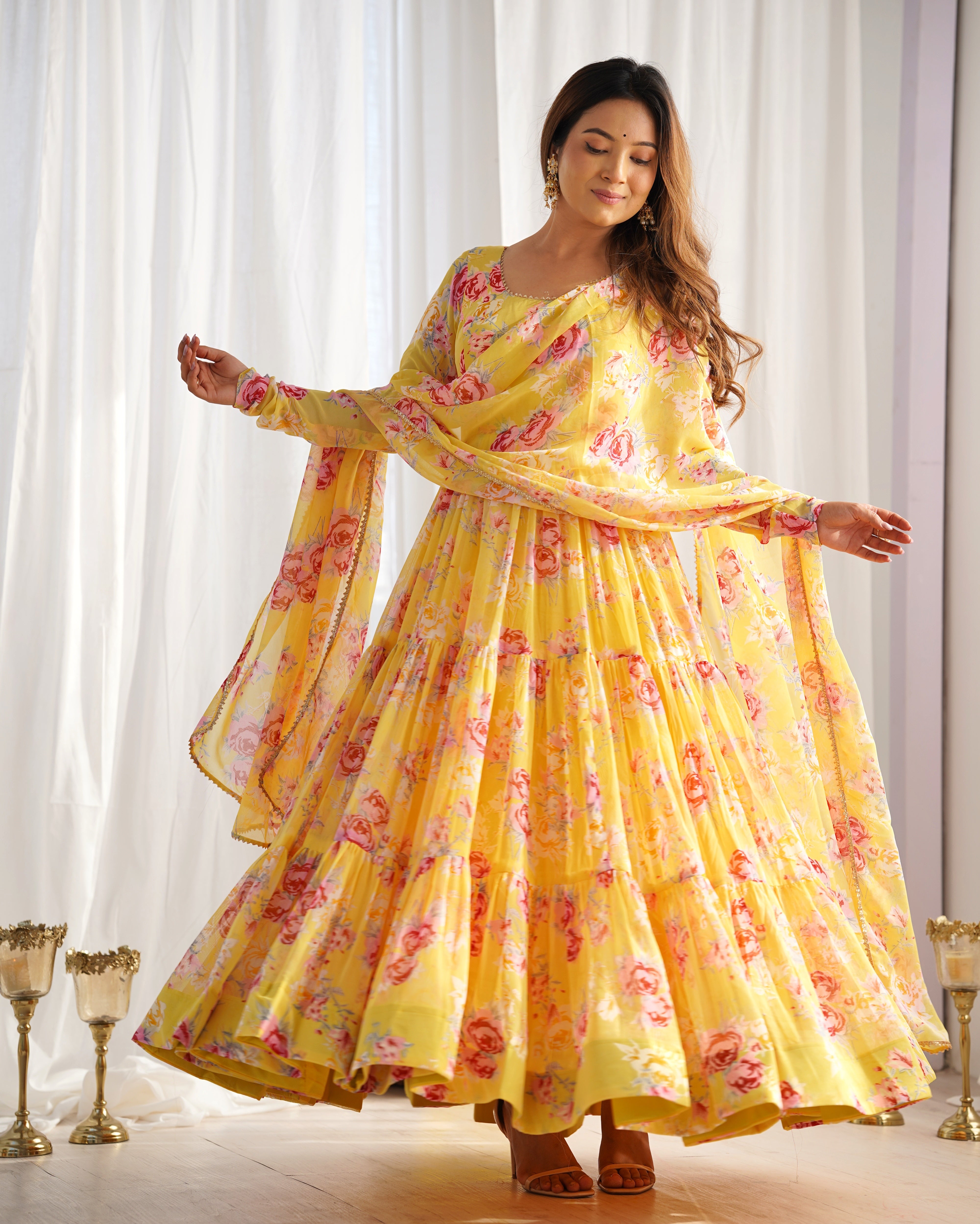Colorful Kamalkari Soft Fox Georgette Floral Print Full Flair Anarkali with Dupatta & Pant Set