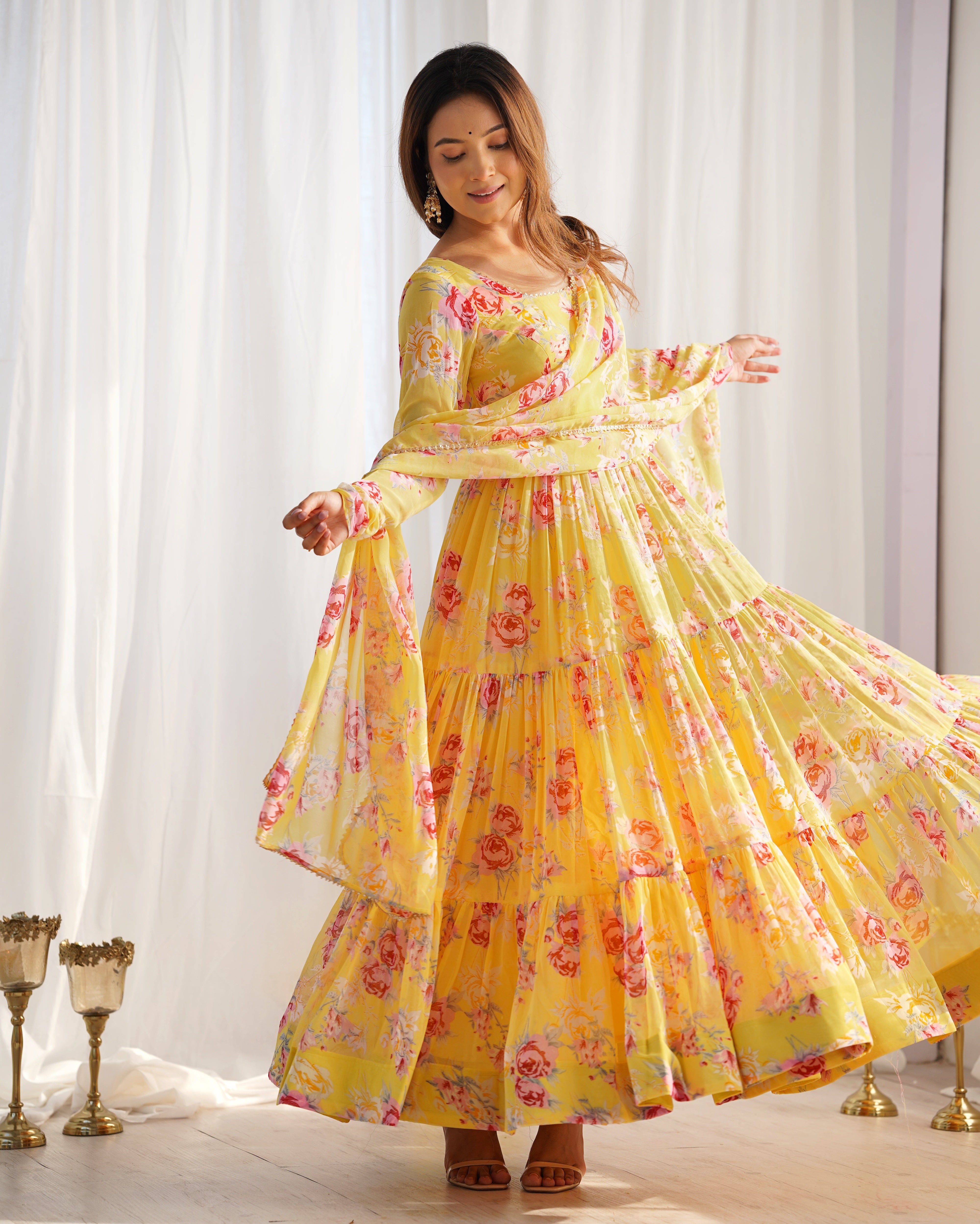 Colorful Kamalkari Soft Fox Georgette Floral Print Full Flair Anarkali with Dupatta & Pant Set