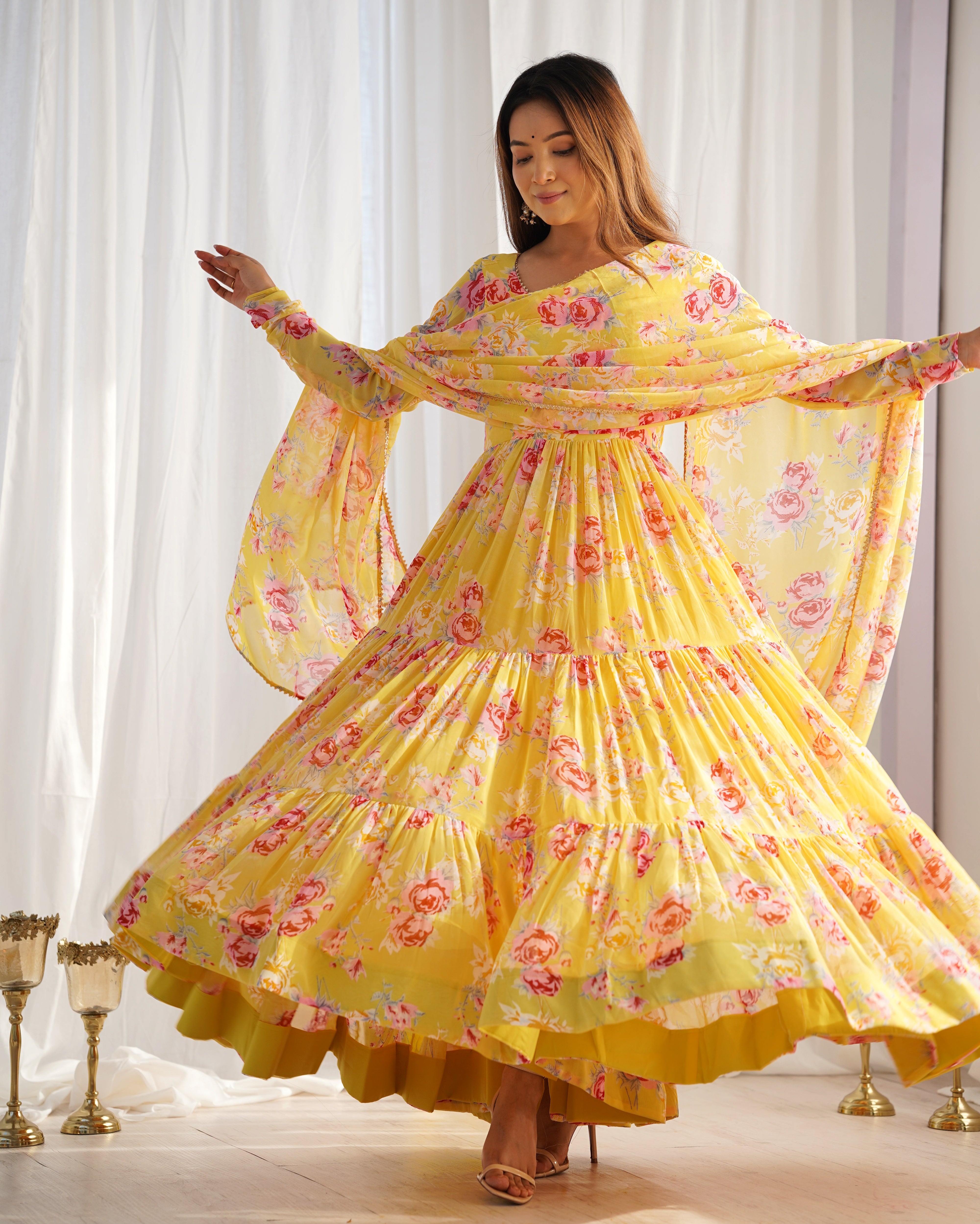 Colorful Kamalkari Soft Fox Georgette Floral Print Full Flair Anarkali with Dupatta & Pant Set