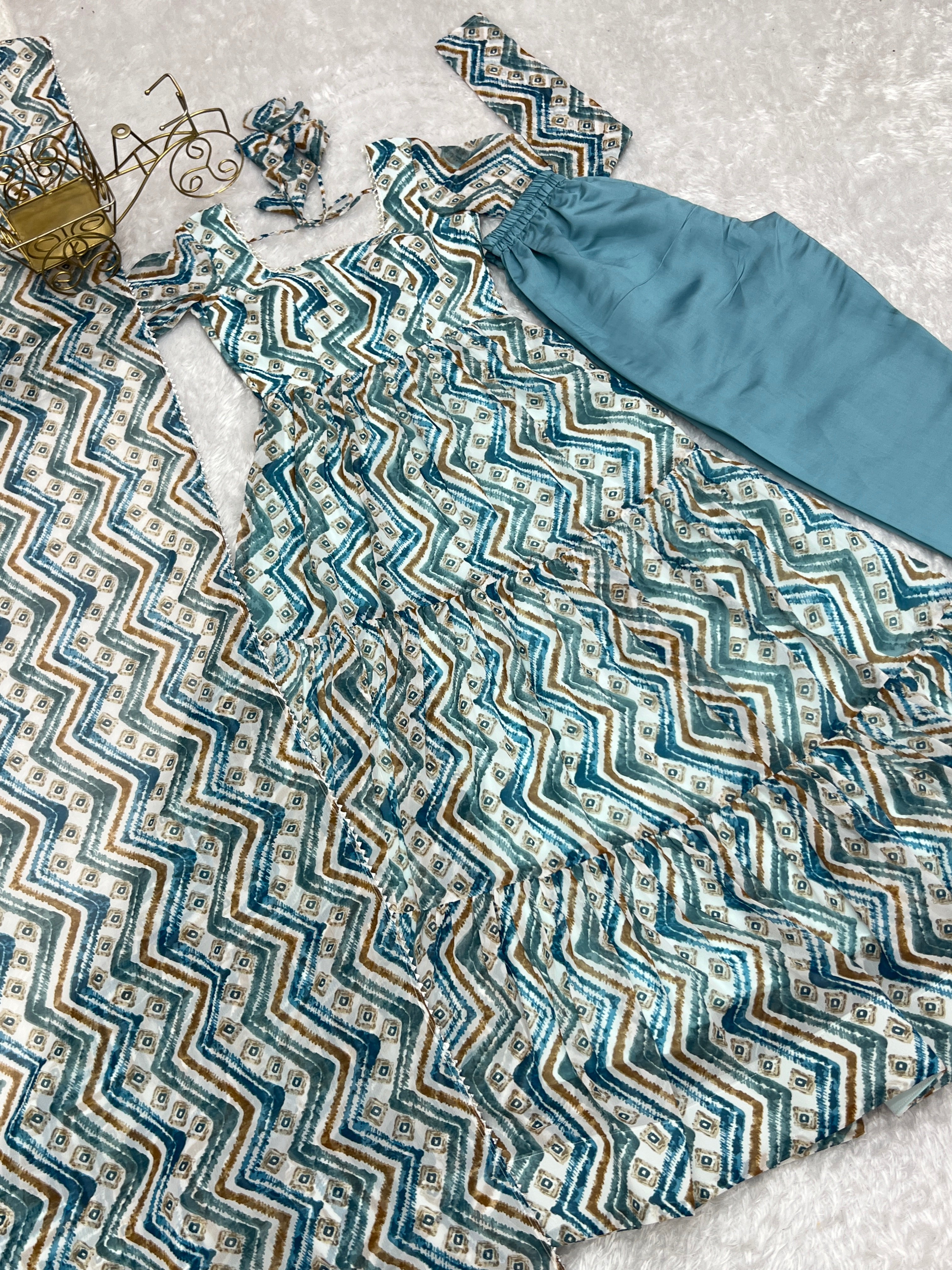 Pure Soft Fox Georgette Zigzag Print Fabric Flair Anarkali,with Duppta Set