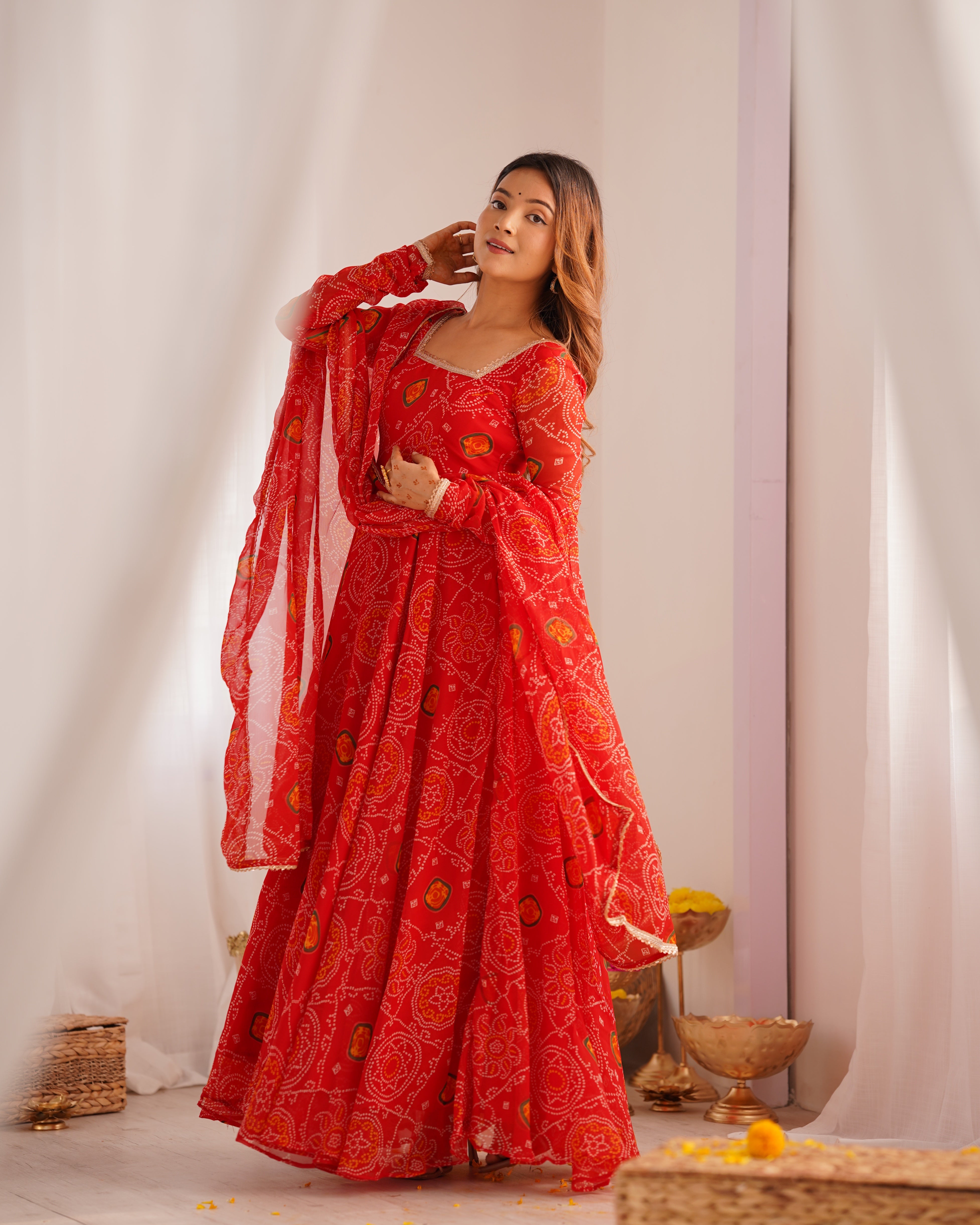 Designer Pure Soft Lightweight Chiffon Bandhej Fully Flair Gown with Dupatta & Pant Set