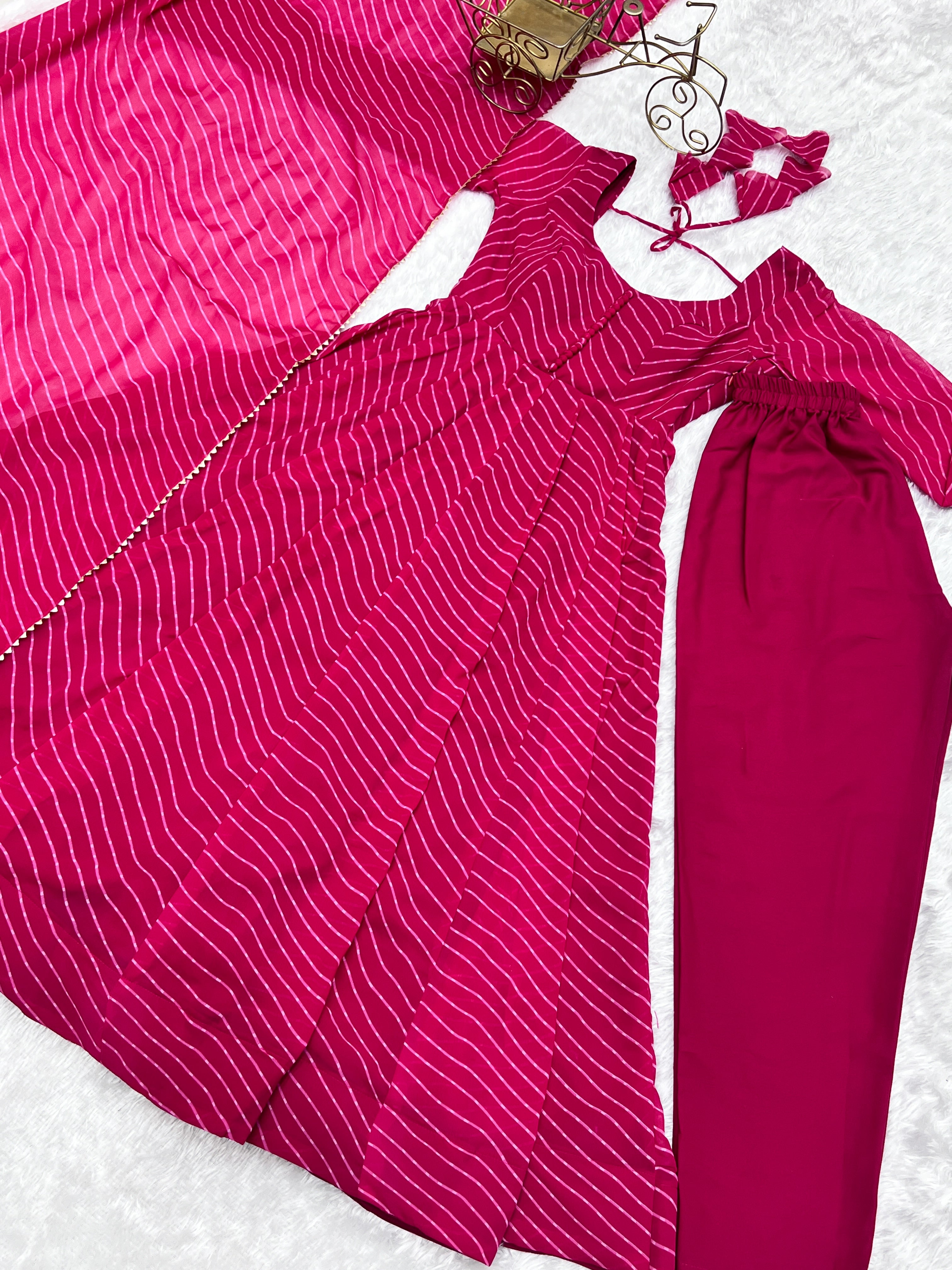 Georgette Leheriya Pattern Pink Stitched Anarkali Gown Kurta With Duppta Set