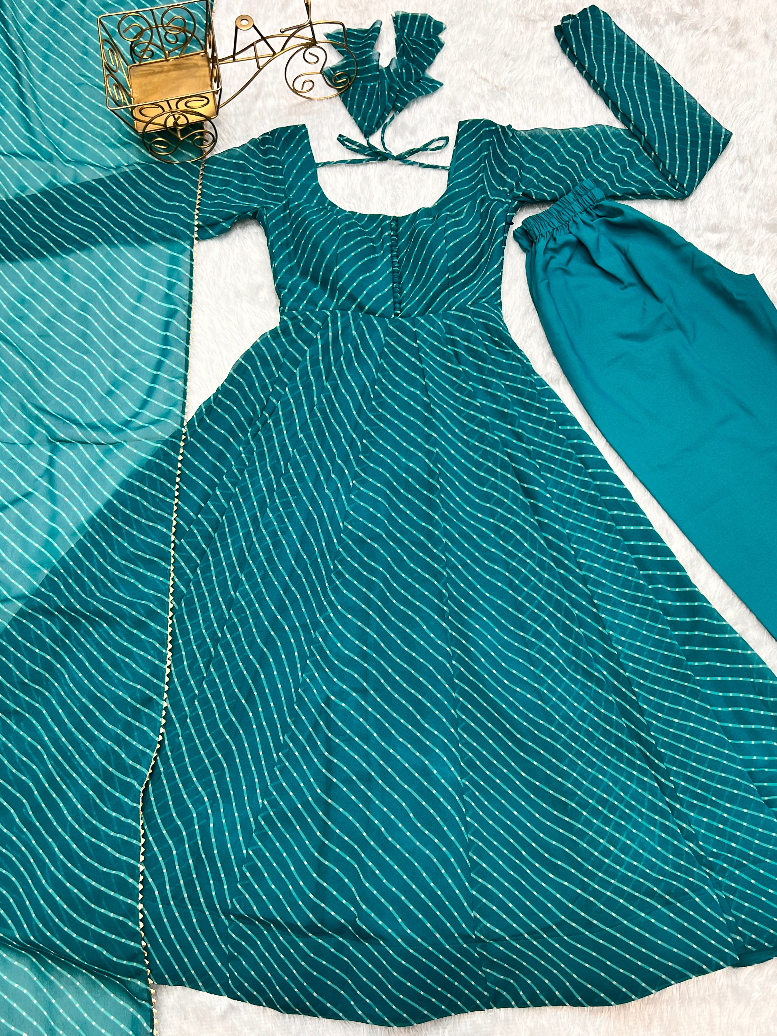 Georgette Leheriya Pattern Light Green Stitched Anarkali Gown Kurta With Duppta Set