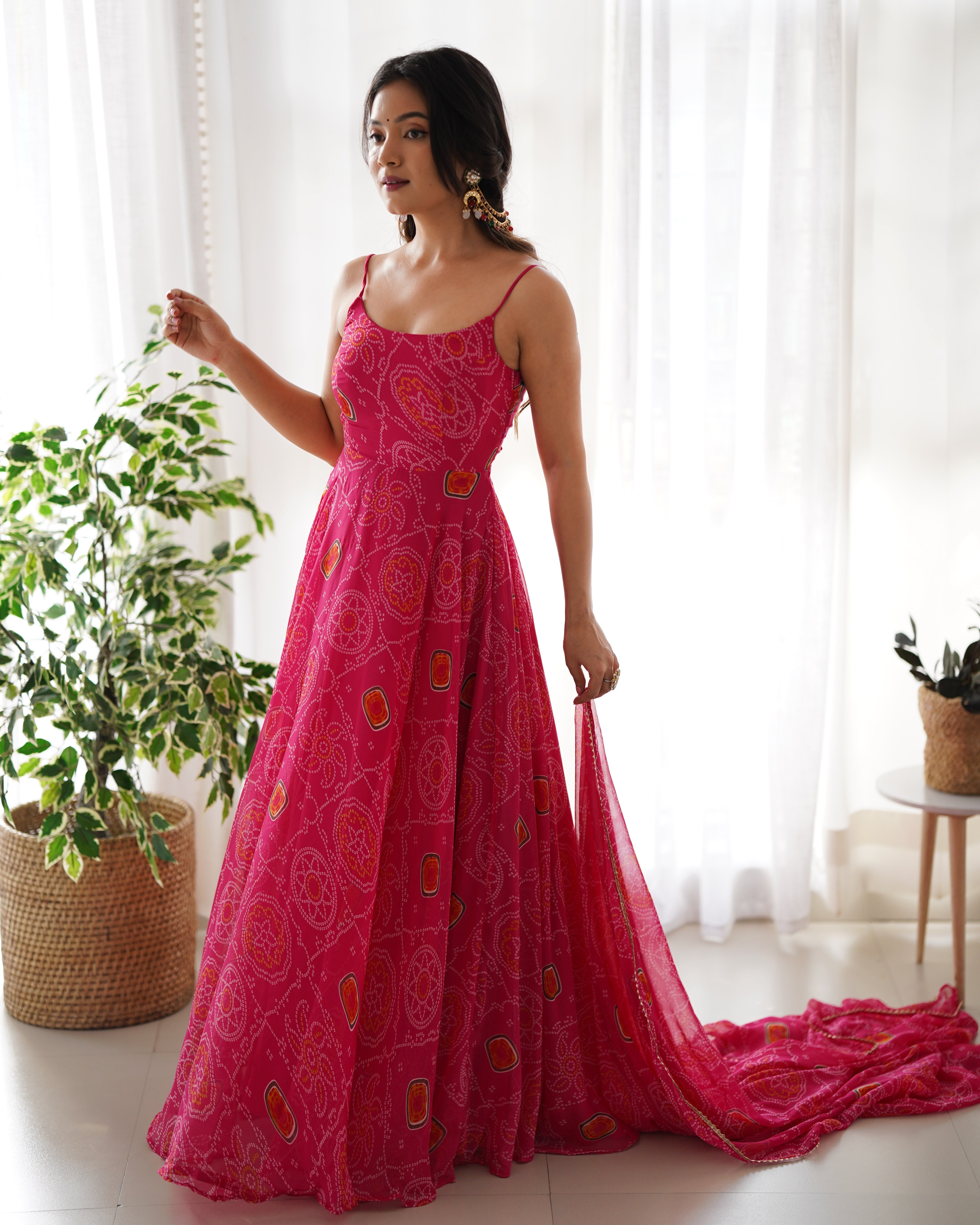 New Designer Pure Soft Pink Lightweight Chiffon Bandhej Flair Gown,duppta Pent Set