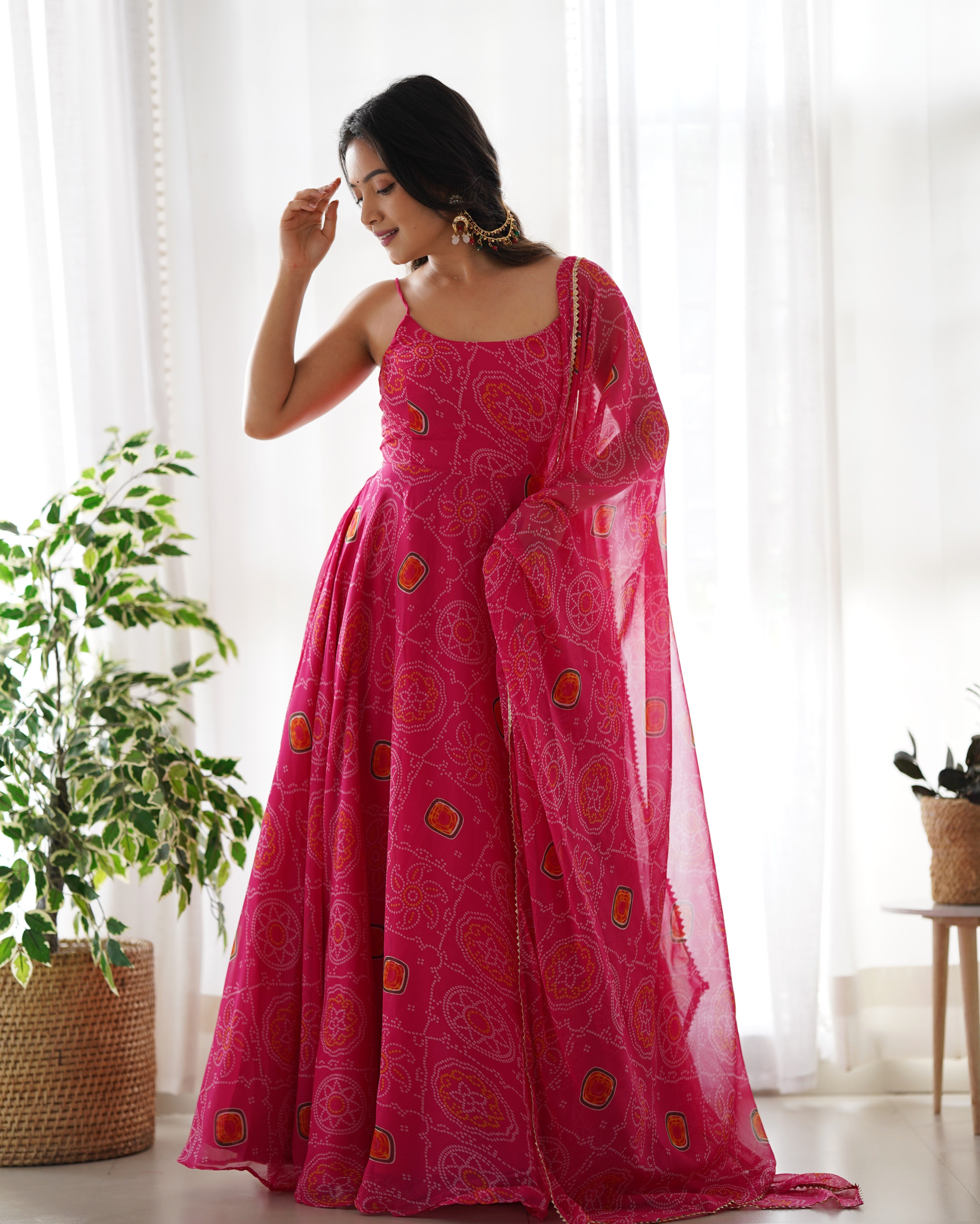 New Designer Pure Soft Pink Lightweight Chiffon Bandhej Flair Gown,duppta Pent Set