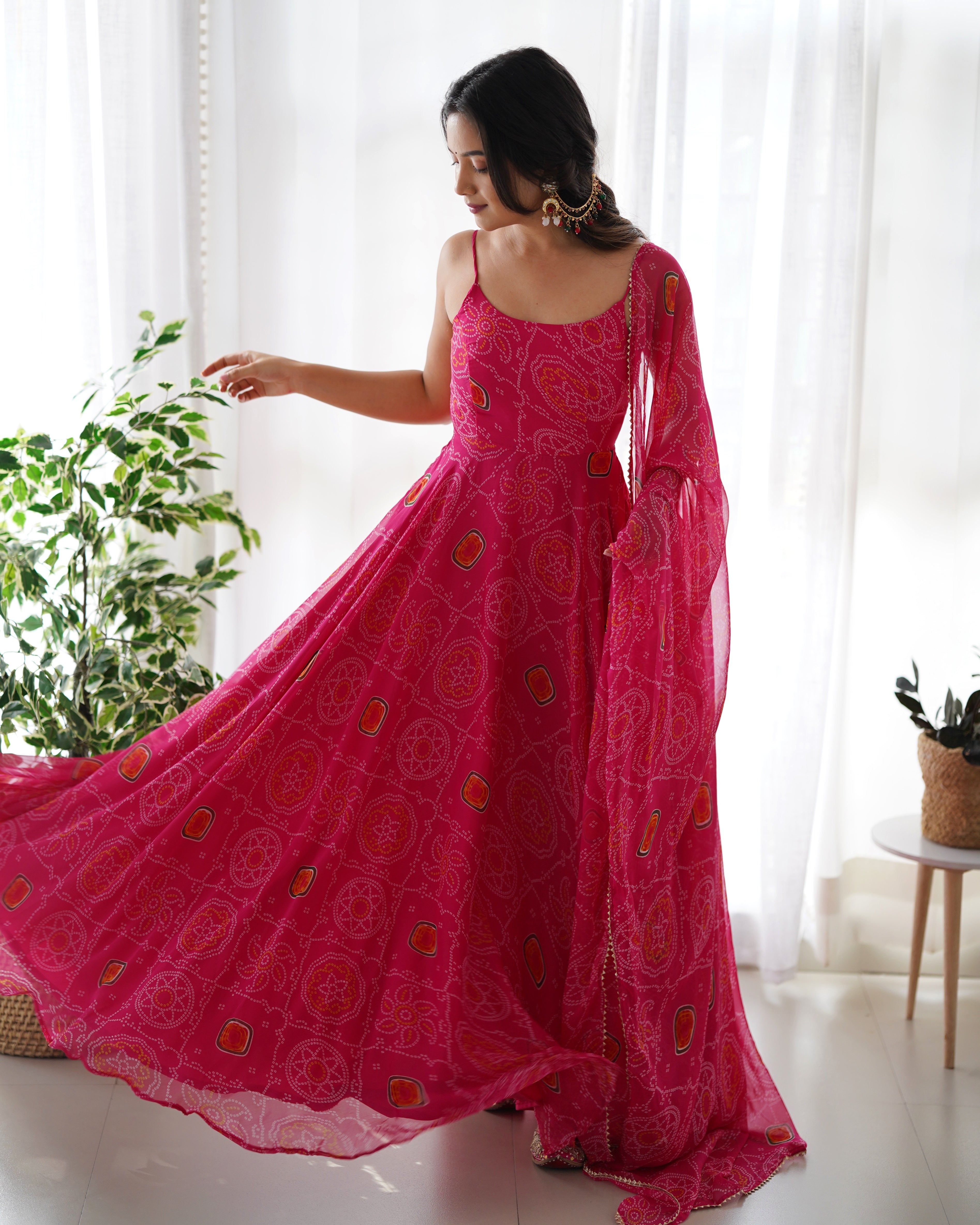 New Designer Pure Soft Pink Lightweight Chiffon Bandhej Flair Gown,duppta Pent Set