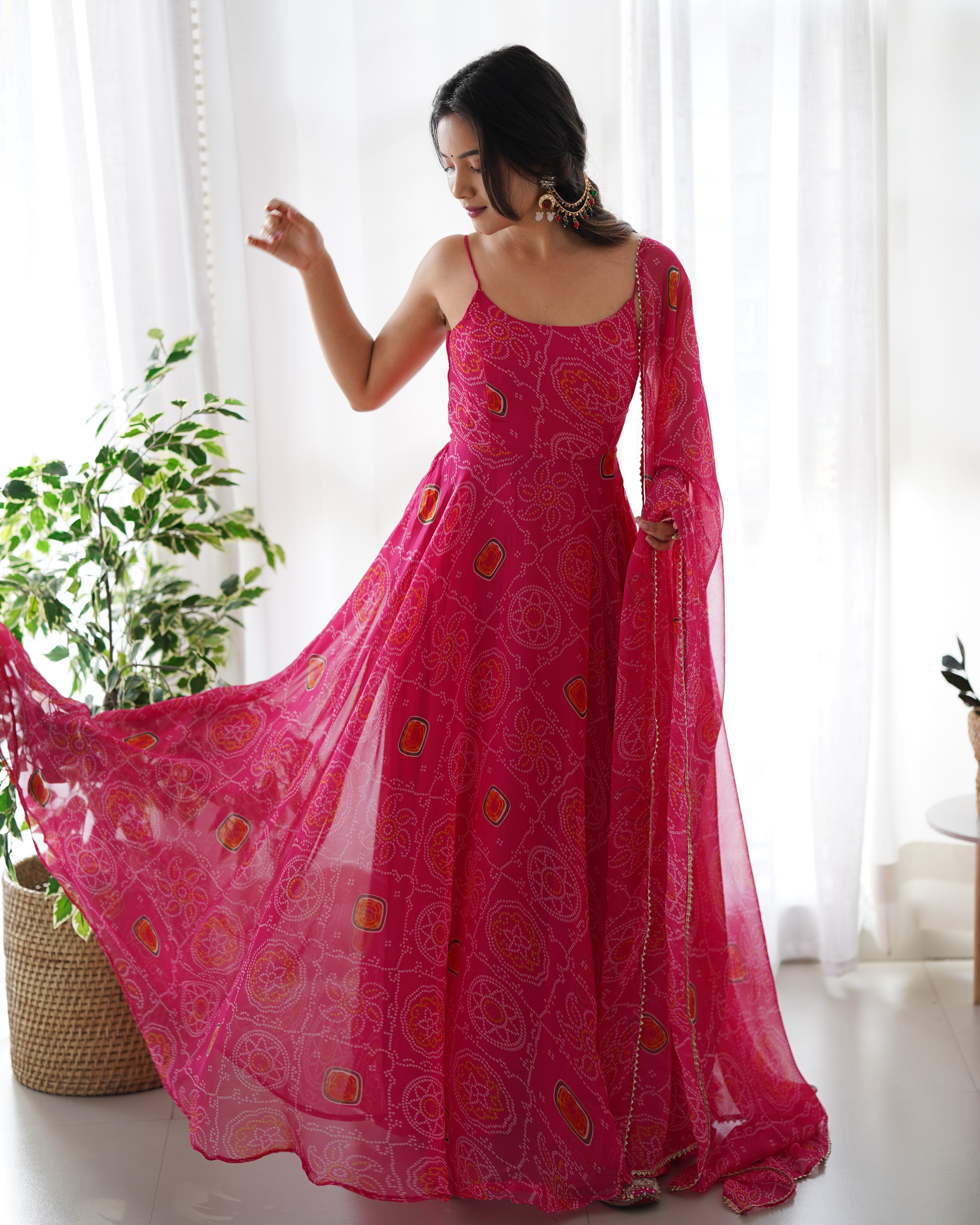 New Designer Pure Soft Pink Lightweight Chiffon Bandhej Flair Gown,duppta Pent Set