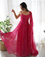 New Designer Pure Soft Pink Lightweight Chiffon Bandhej Flair Gown,duppta Pent Set