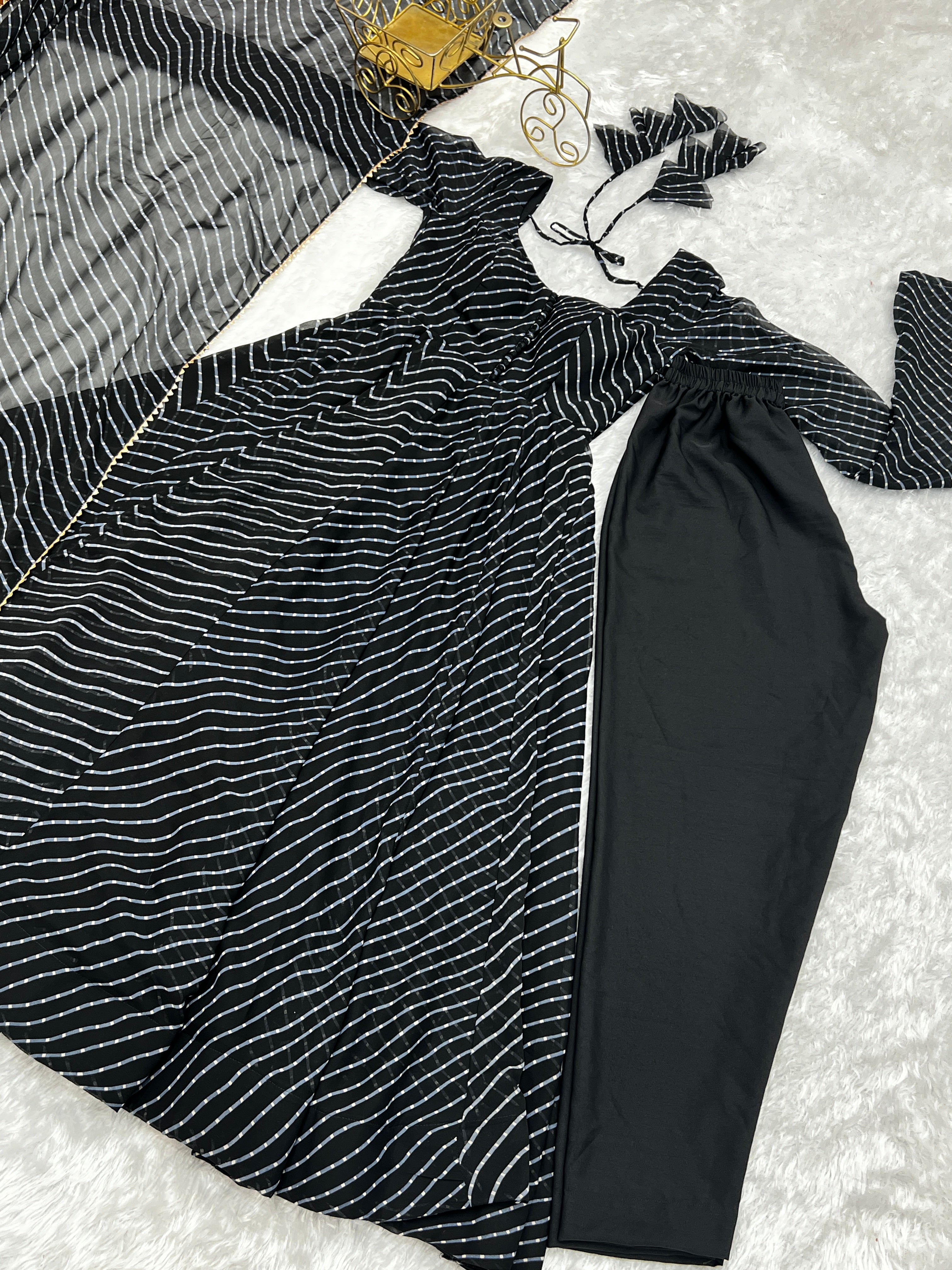 Georgette Leheriya Pattern Black Stitched Anarkali Gown Kurta With Duppta Set