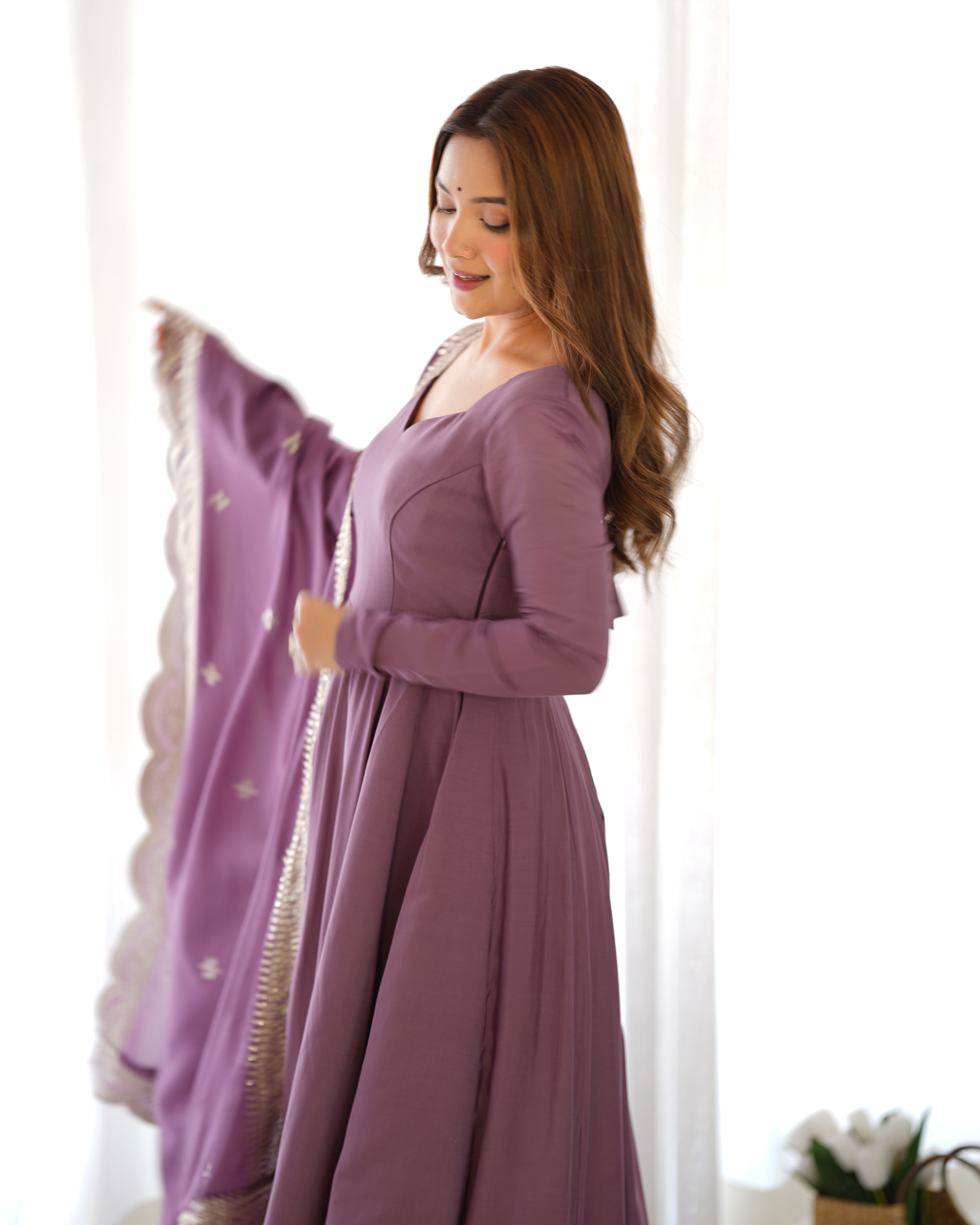 Premium Quality Pure Roman Silk Chanderi Fabric Flair Anarkali,with Duppta Set