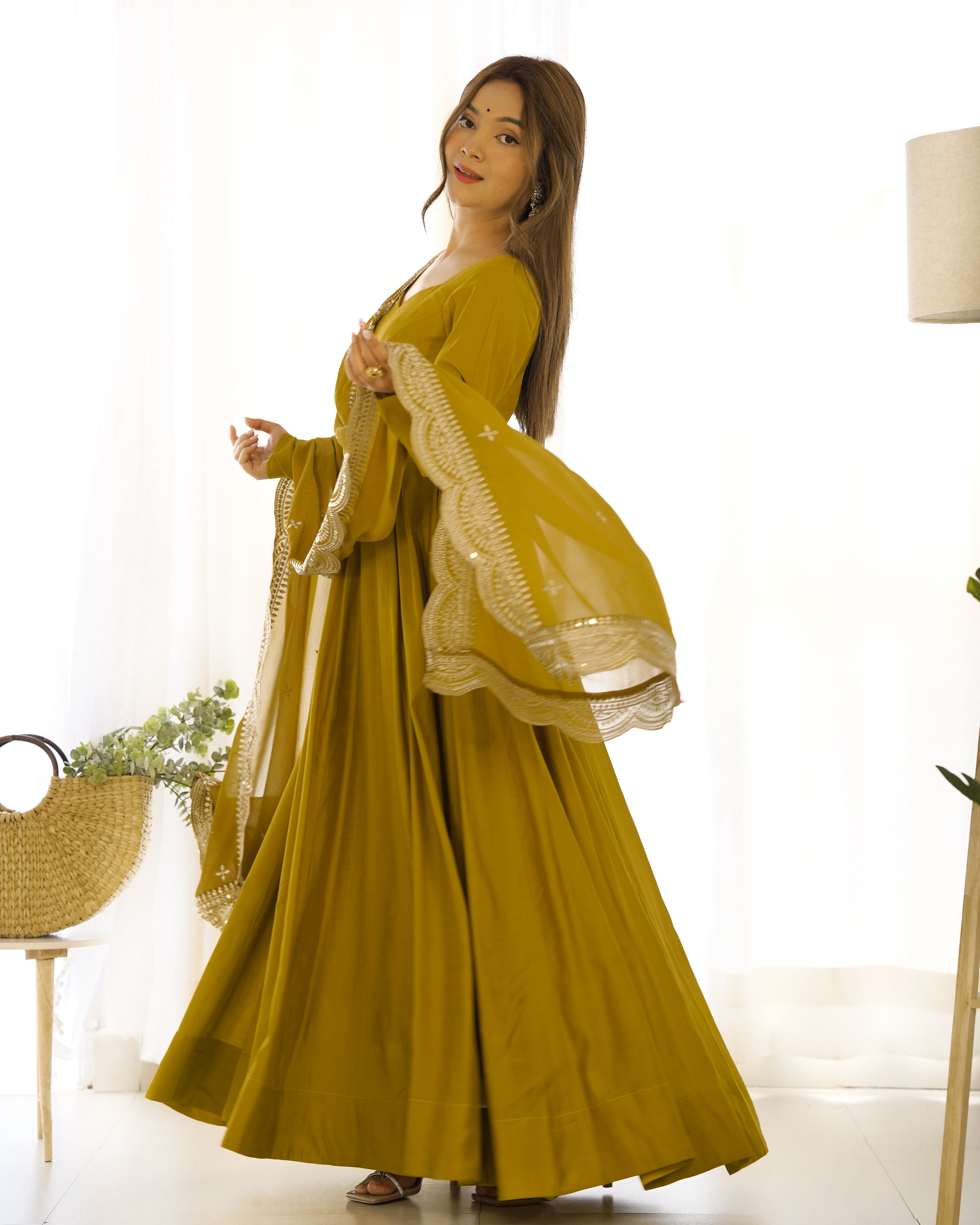 Premium Quality Pure Roman Silk Chanderi Fabric Flair Anarkali,with Duppta Set
