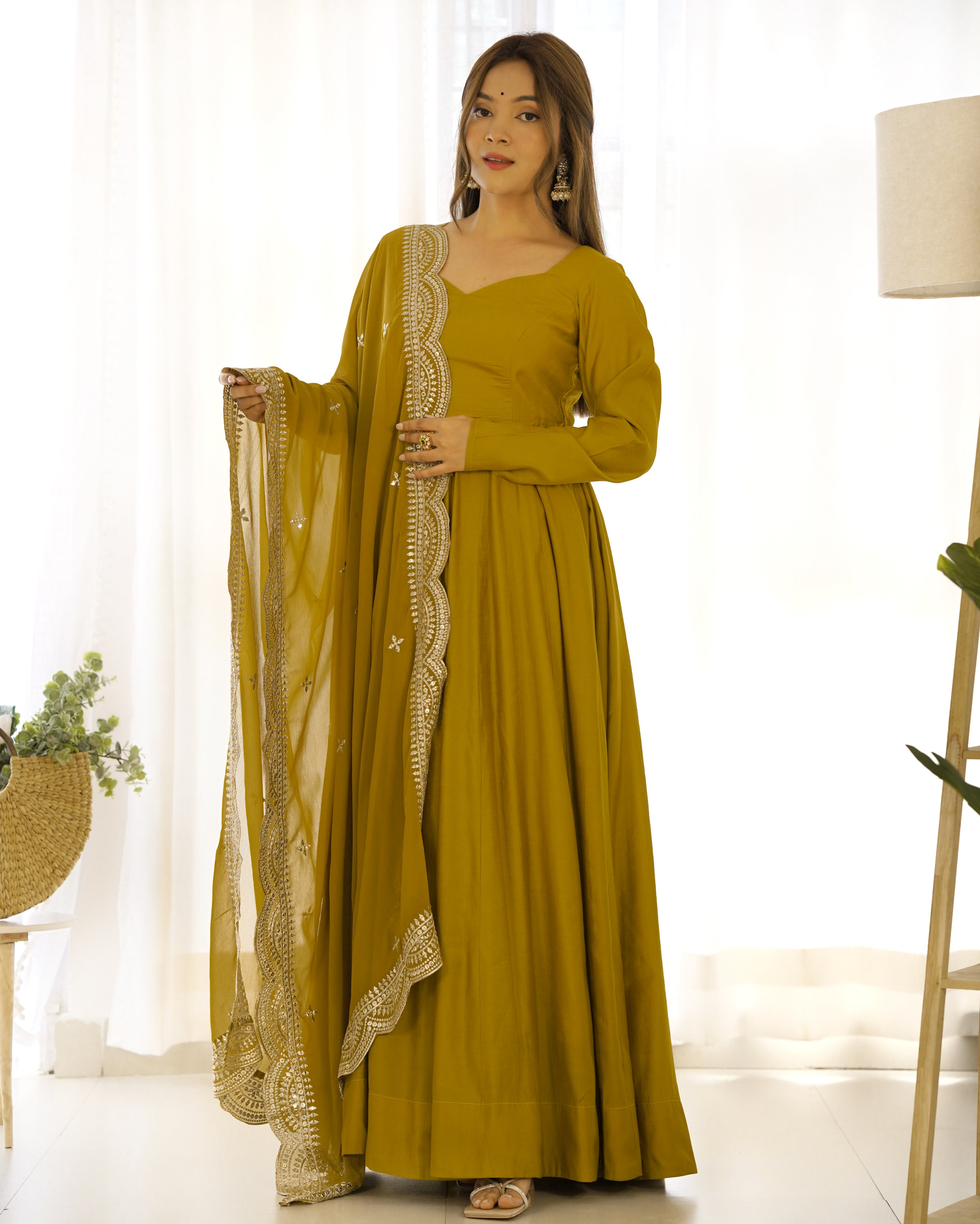 Premium Quality Pure Roman Silk Chanderi Fabric Flair Anarkali,with Duppta Set