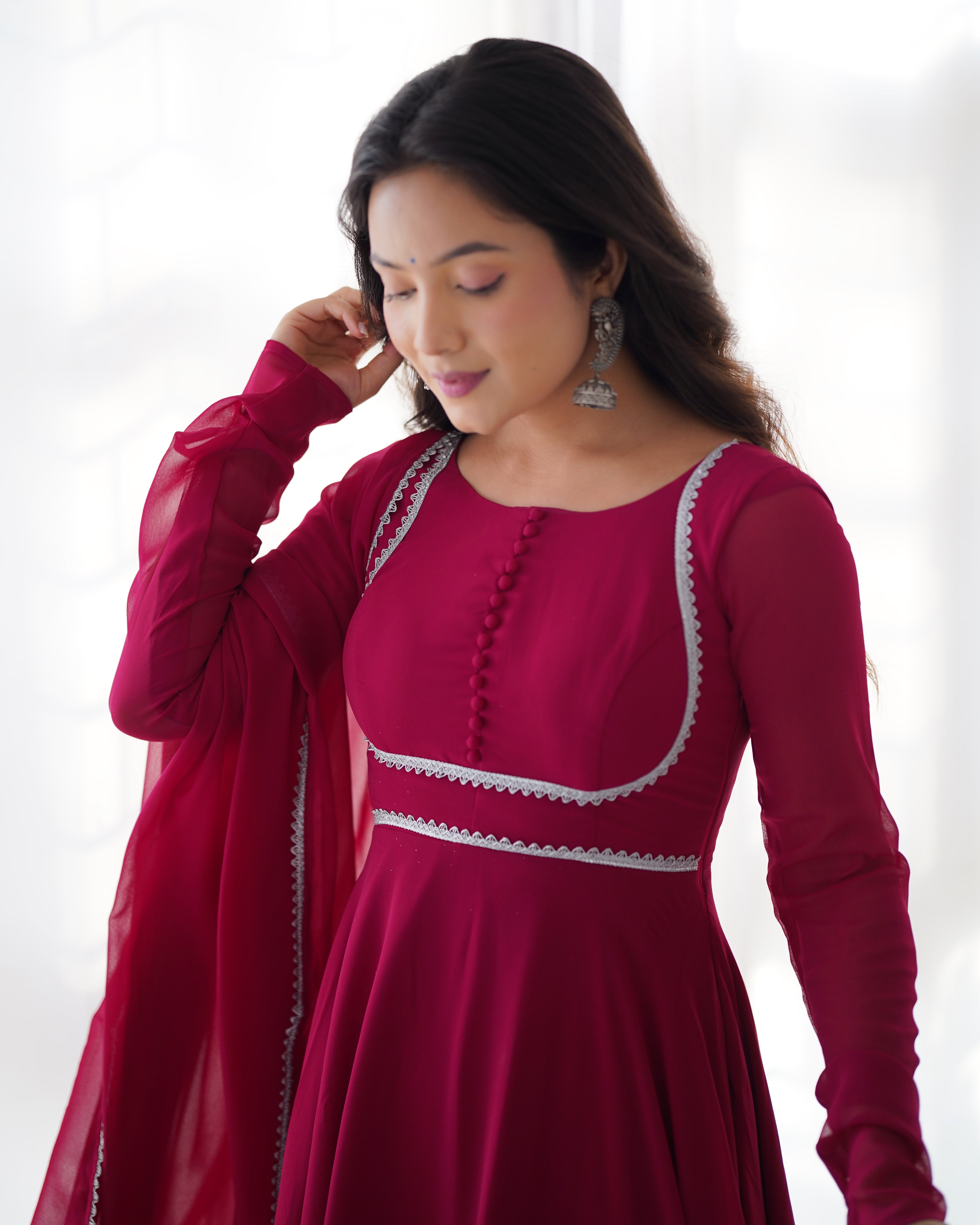 Pure Soft Lightweight Maroon Chiffon Flair Gown And Dupatta With Pent Set.