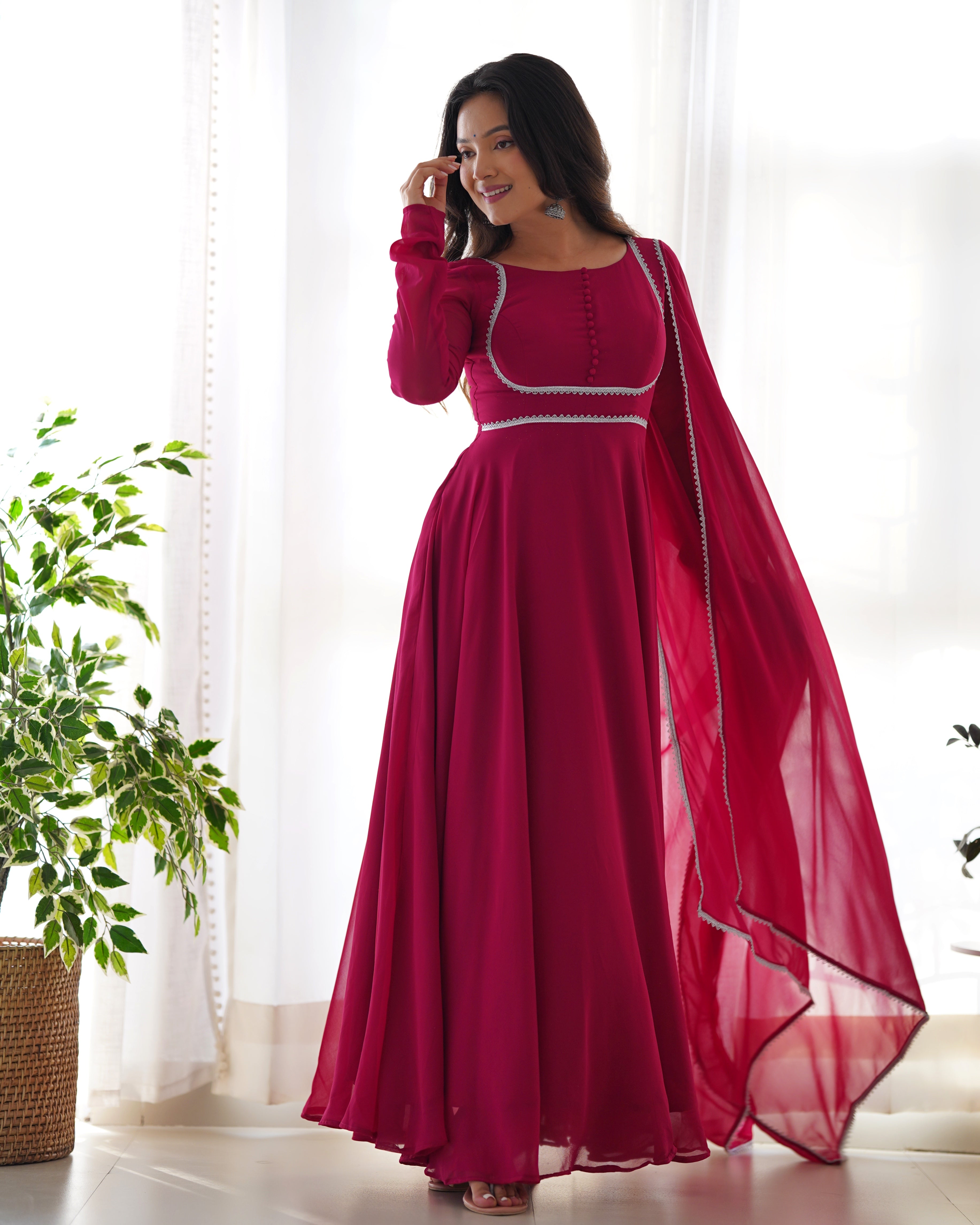 Pure Soft Lightweight Maroon Chiffon Flair Gown And Dupatta With Pent Set.