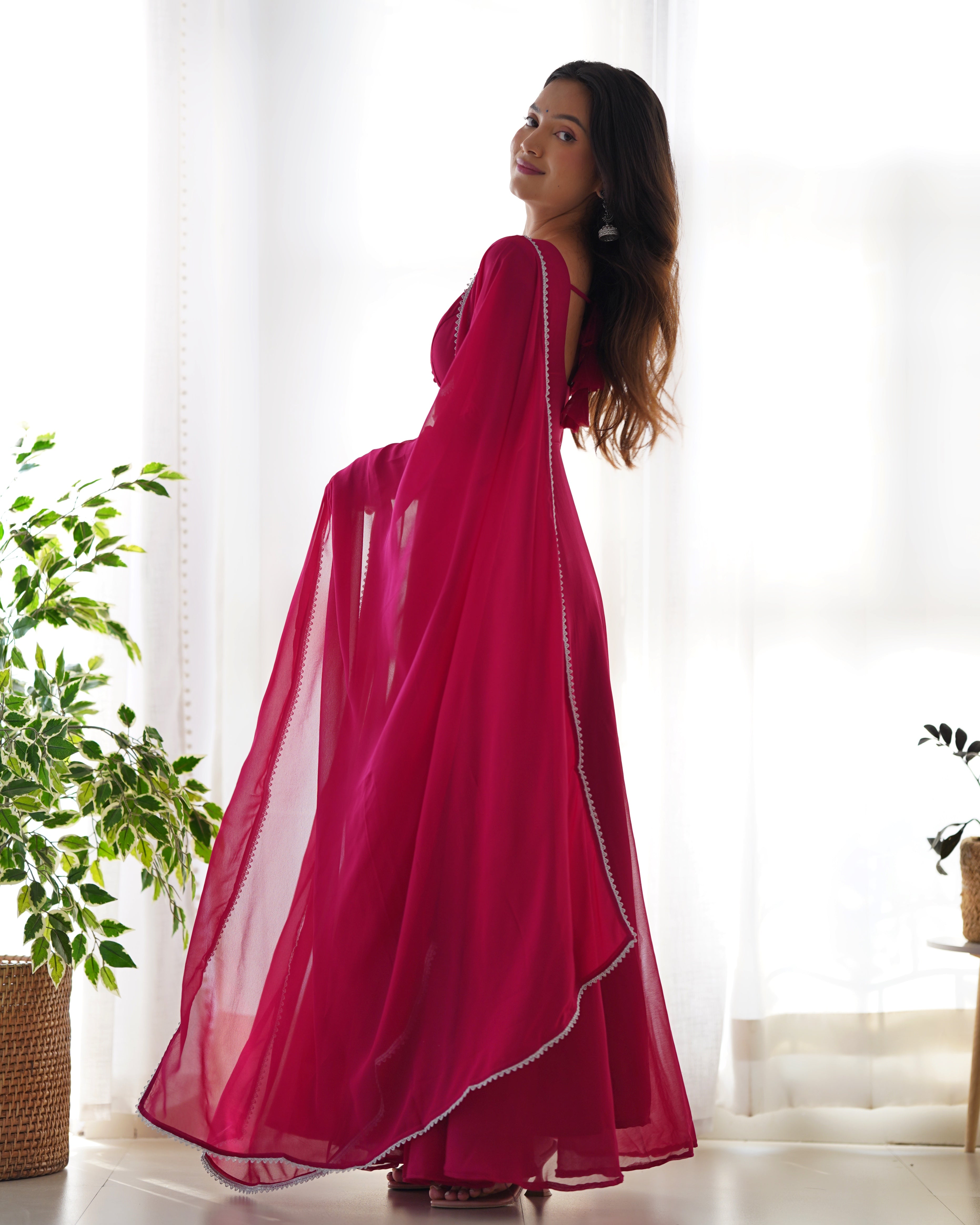 Pure Soft Lightweight Maroon Chiffon Flair Gown And Dupatta With Pent Set.