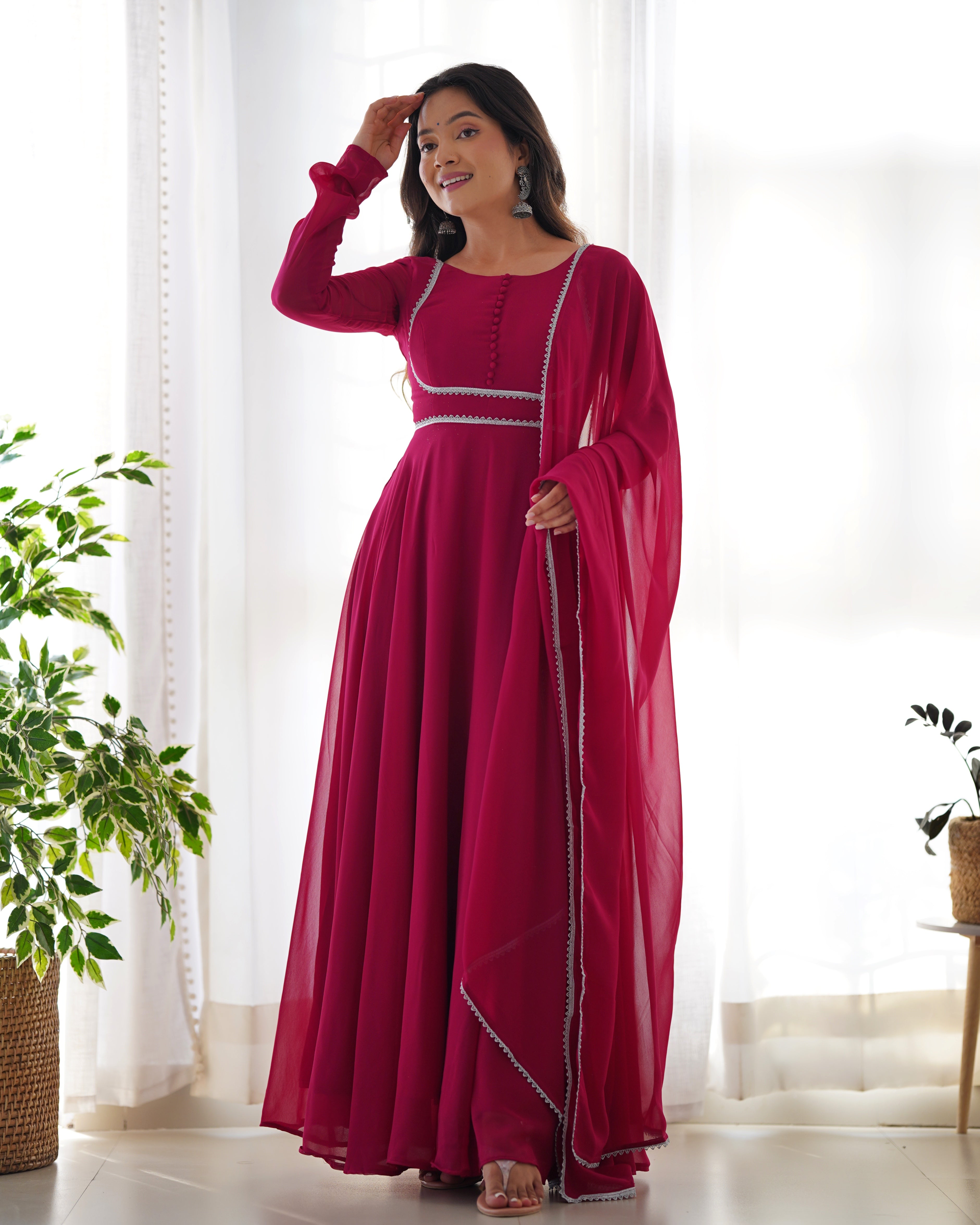 Pure Soft Lightweight Maroon Chiffon Flair Gown And Dupatta With Pent Set.